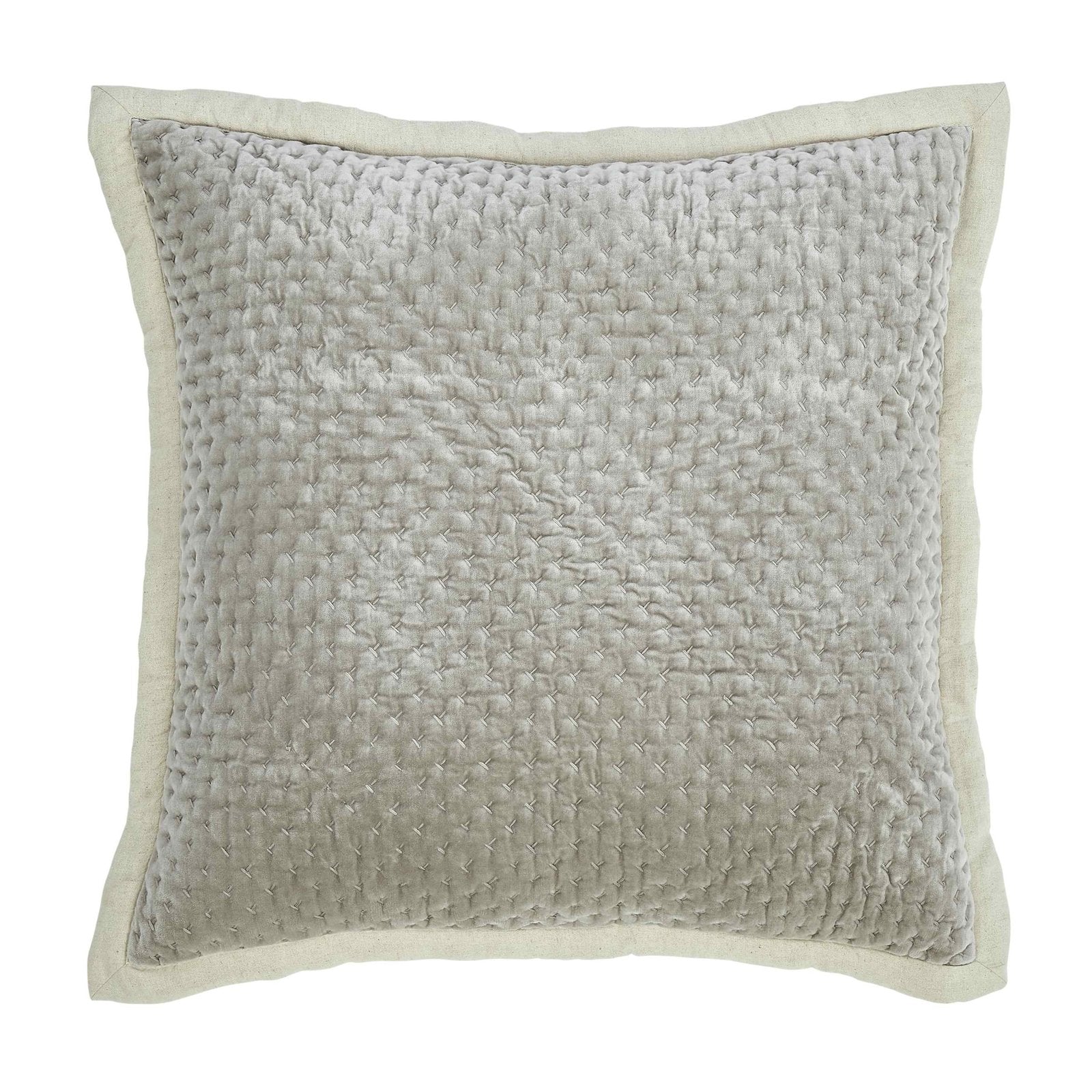 ES-330-2626-PO1223_1|Silver grey velvet decorative throw pillow with intricate quilted cross-stitch pattern, adding elegant texture to bedding.