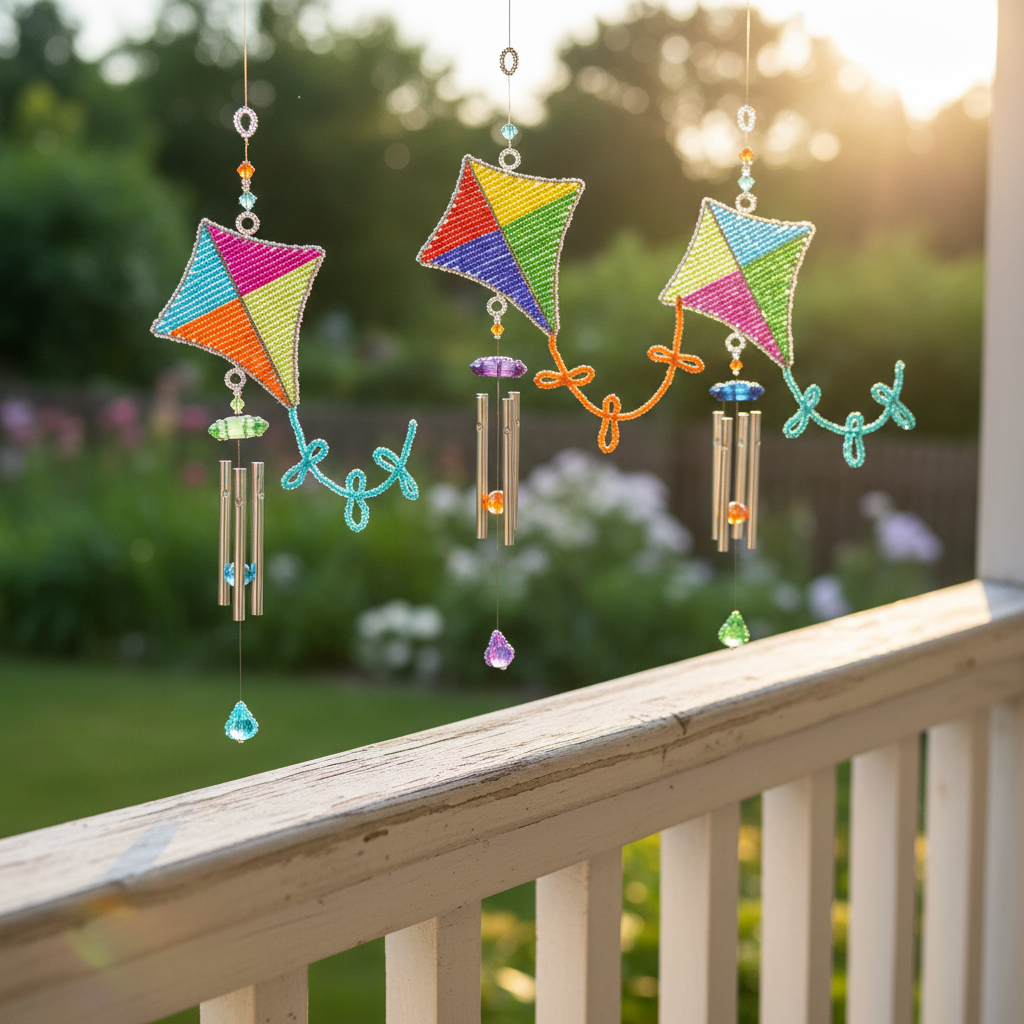 Handcrafted beaded kite wind chimes on a cozy outdoor porch at golden hour