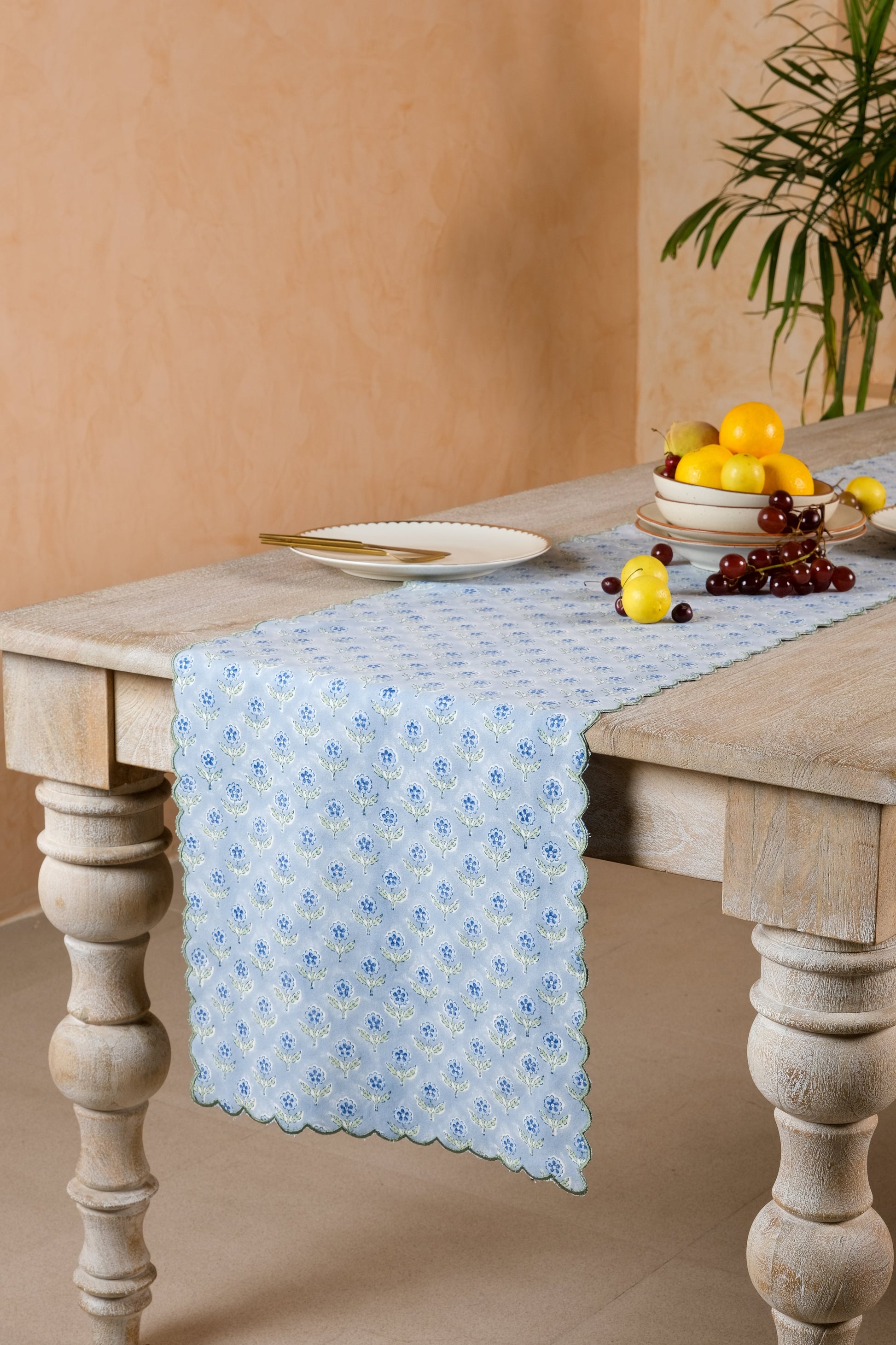 Inner Child blue scallop-edged embroidered blockprint tablerunner with floral pattern