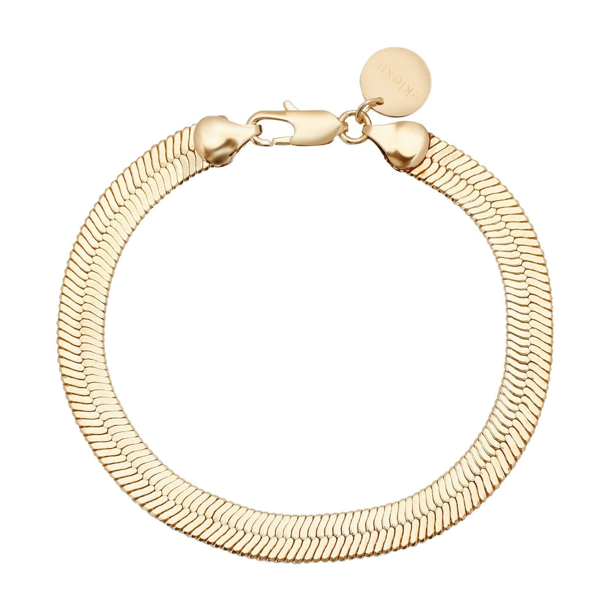 Gold herringbone bracelet with lobster clasp and round charm from 7mm Viper Chain Anklet
