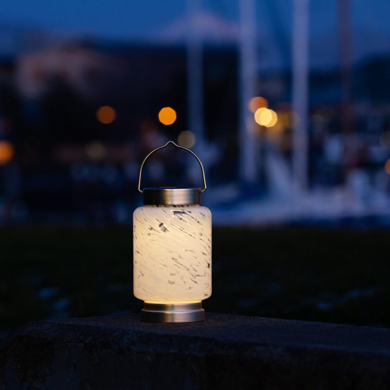 Boaters Solar Glass Lantern lit up at night