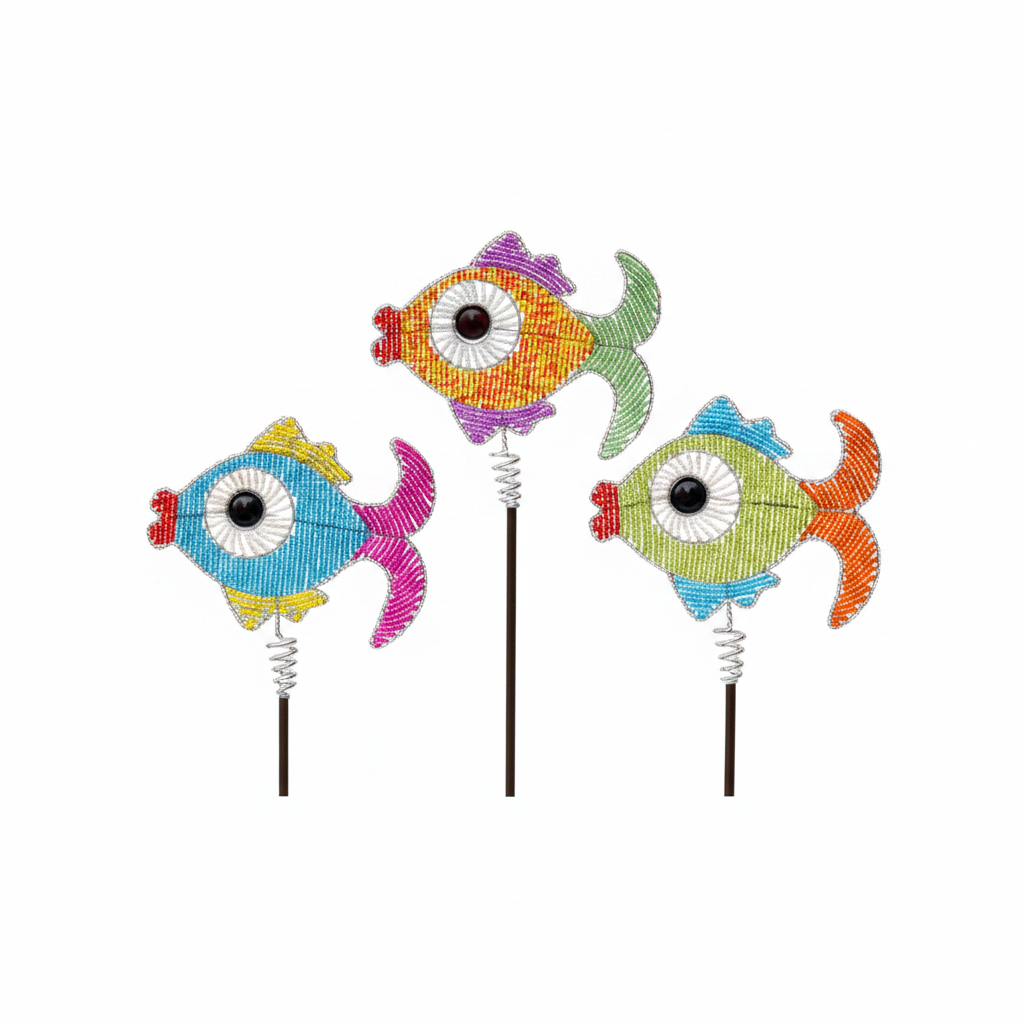 Handmade beaded fish garden stake set of 3 on white background – 12FSHST1