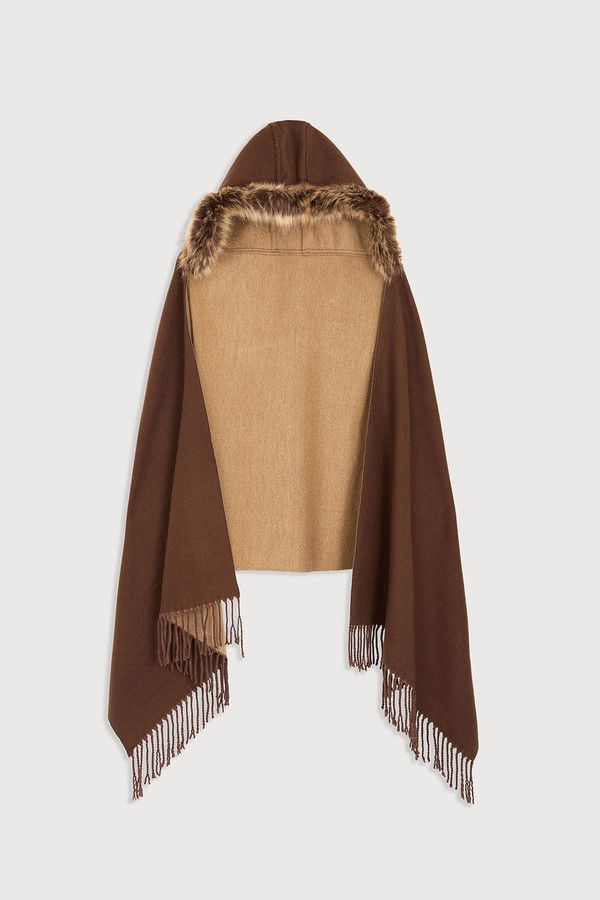 Fringe Fur Hood Scarf - Brown