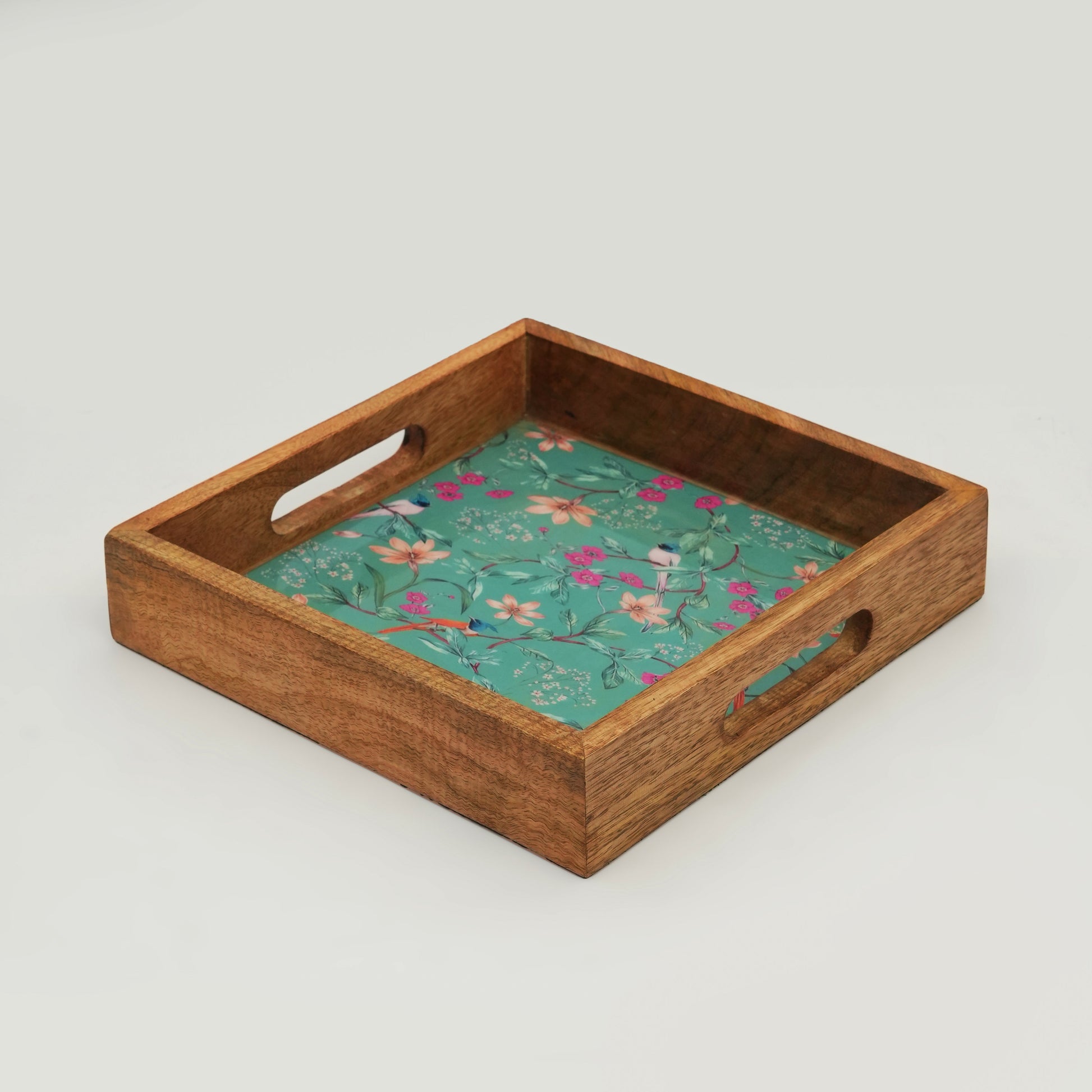 Square Aqua Flora inlay tray with turquoise floral enamel and a handcrafted mango wood frame