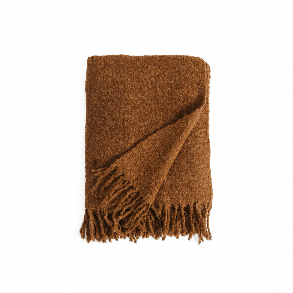 Cacao Brown handloomed alpaca bouclé throw blanket, made in Peru