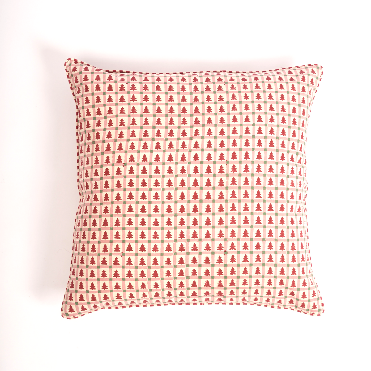 Merry Conifers -  Hand Block-Printed Cotton Pillowcase (Red)