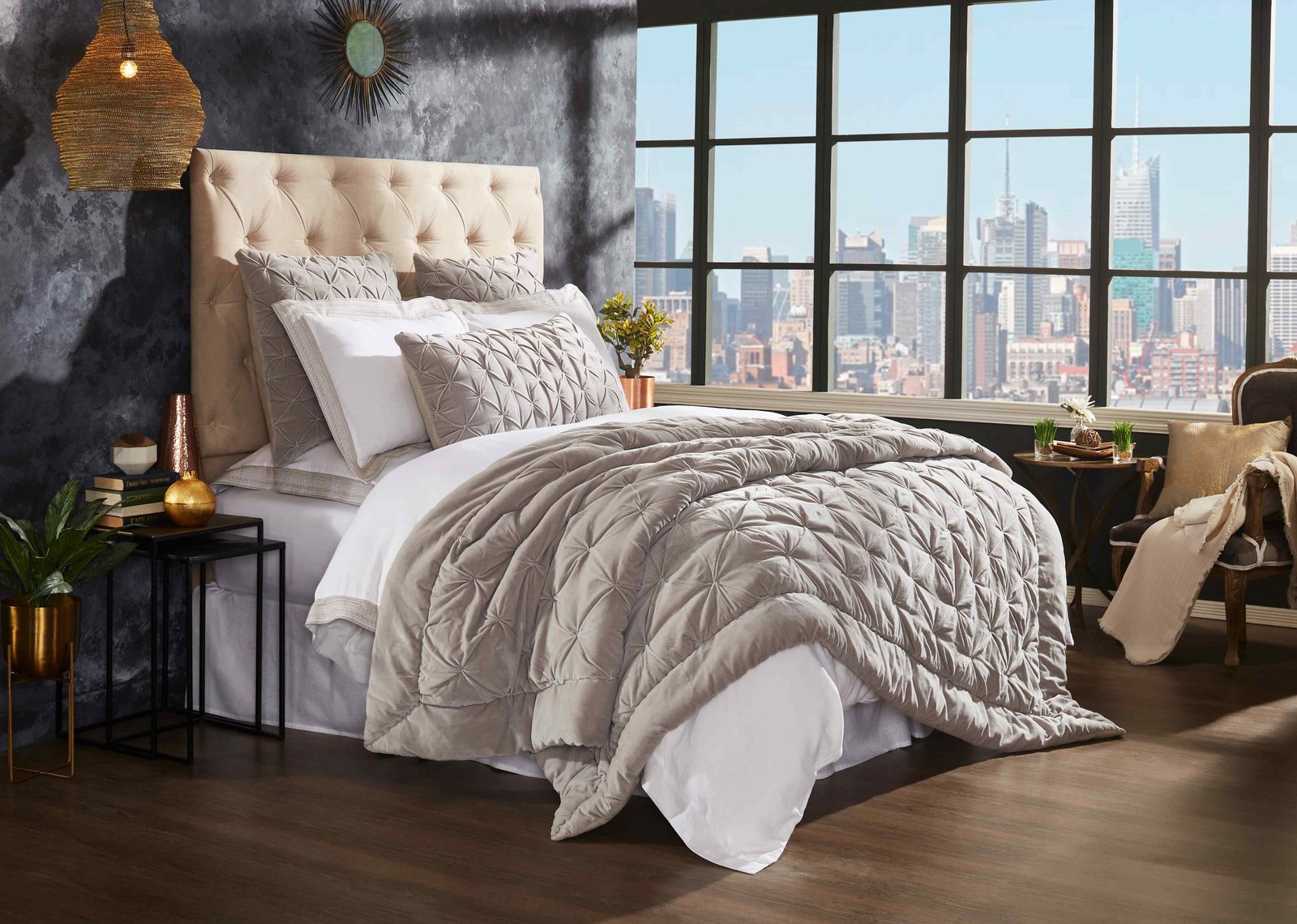 QT-325-11096_3|Luxurious beige pleated velvet quilt on a bed, providing sophisticated style and comfort for a contemporary bedroom setting.