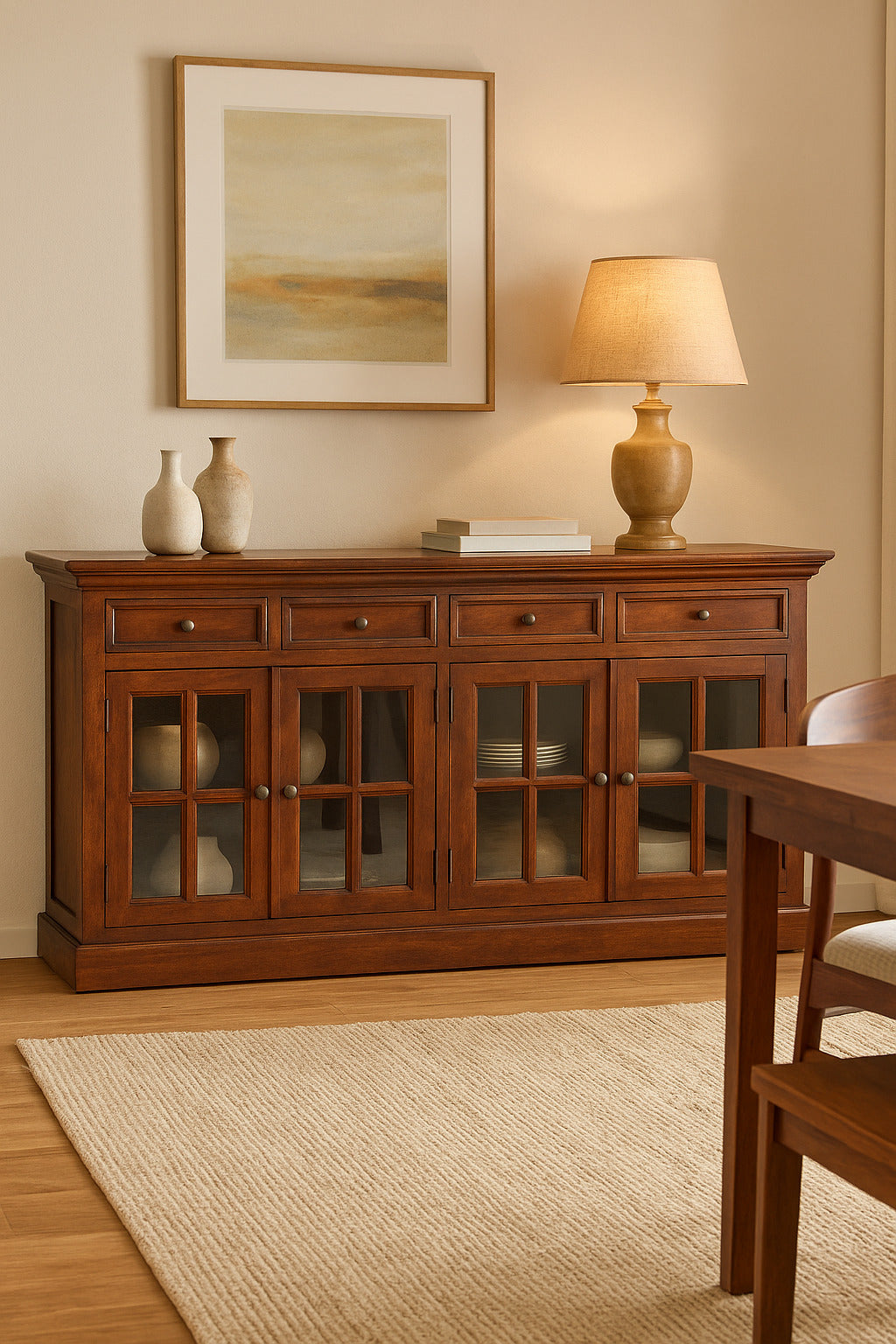 Solid Wood Large Cherry Glazed Sideboard, 4-Drawers, 4 Shelves with 2 Doors, Chestnut Finish, Brown