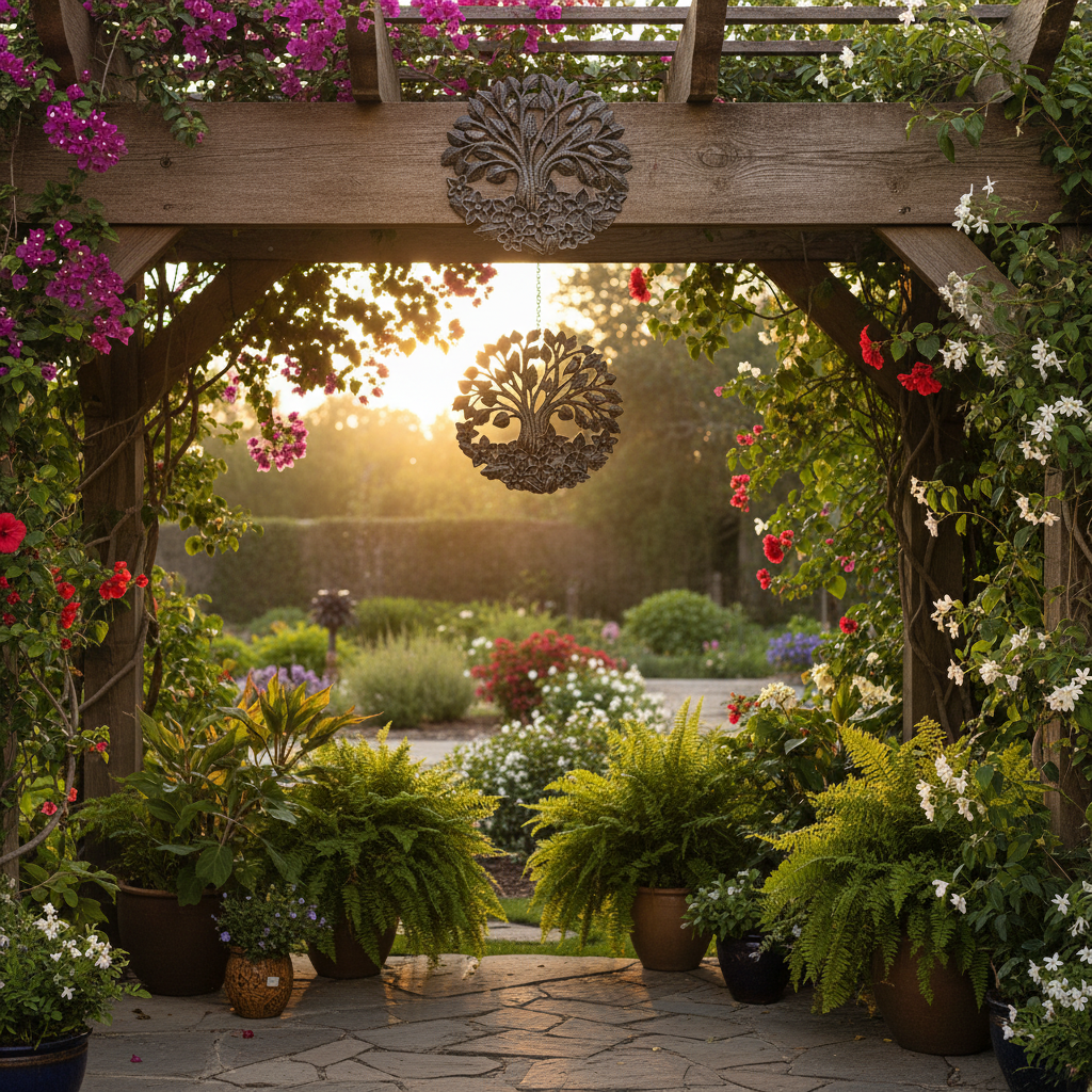 Bountiful Tree of Life Haitian metal art on backyard pergola at golden hour
