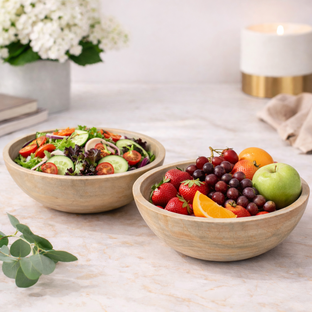 Rustic grey mango wood bowls used as a fruit display with fresh grapes and lemons on a neutral tabletop.
