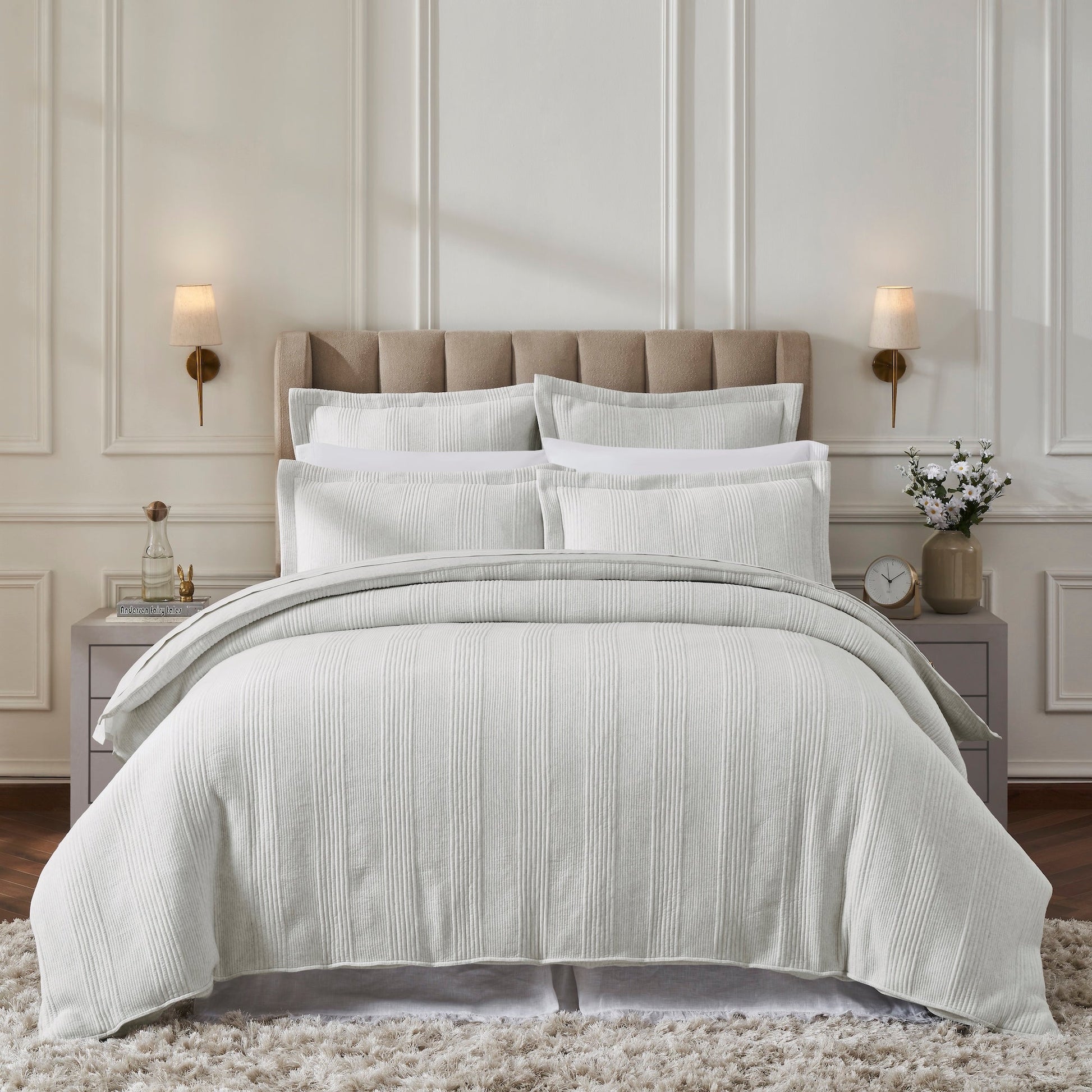 DT-043-10692_1|Elegant light grey ribbed duvet cover set on a bed, with matching shams and pillows for a luxurious bedroom aesthetic.