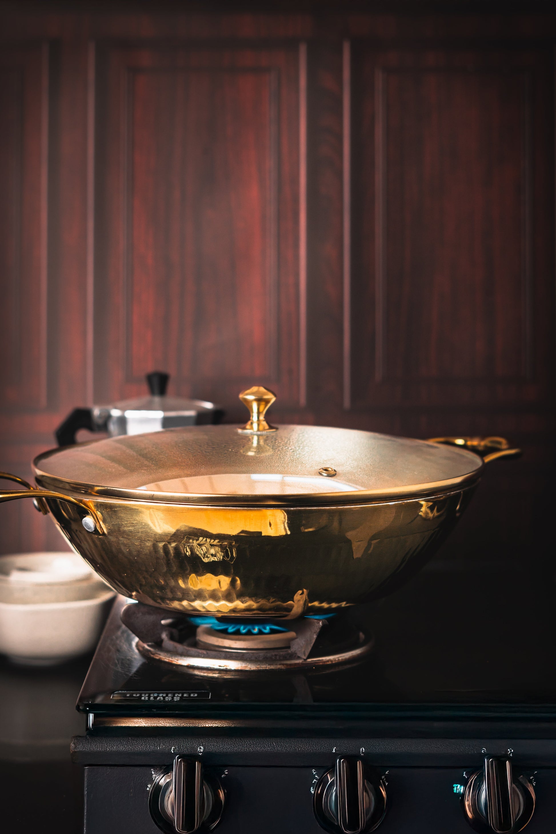 Brass Flat Base Wok with Glass lid - Kadhai (Deep & flat bottom cooking/serving utensil - karahi) P-TAL