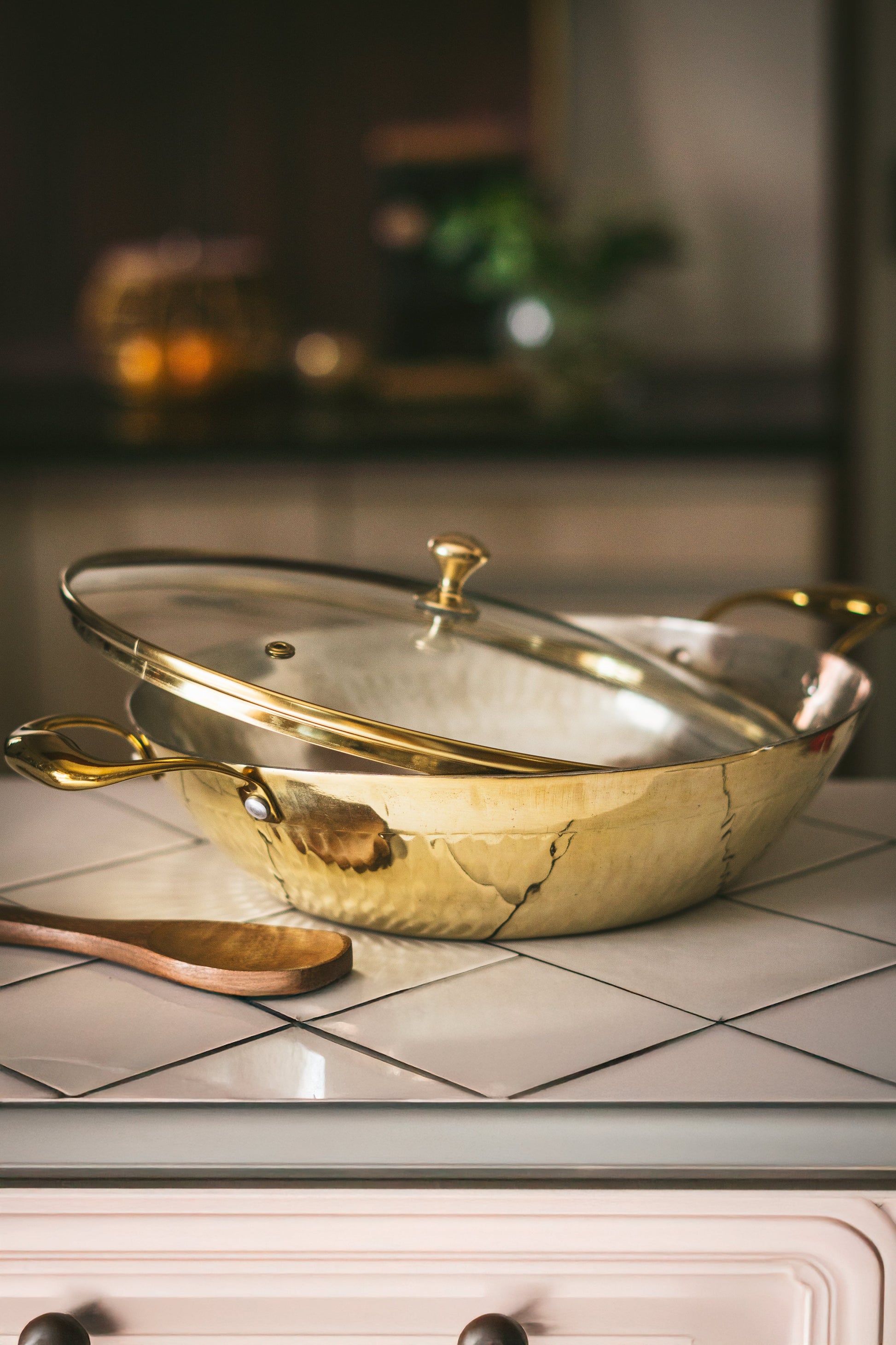 Brass Flat Base Wok with Glass lid - Kadhai (Deep & flat bottom cooking/serving utensil - karahi) P-TAL