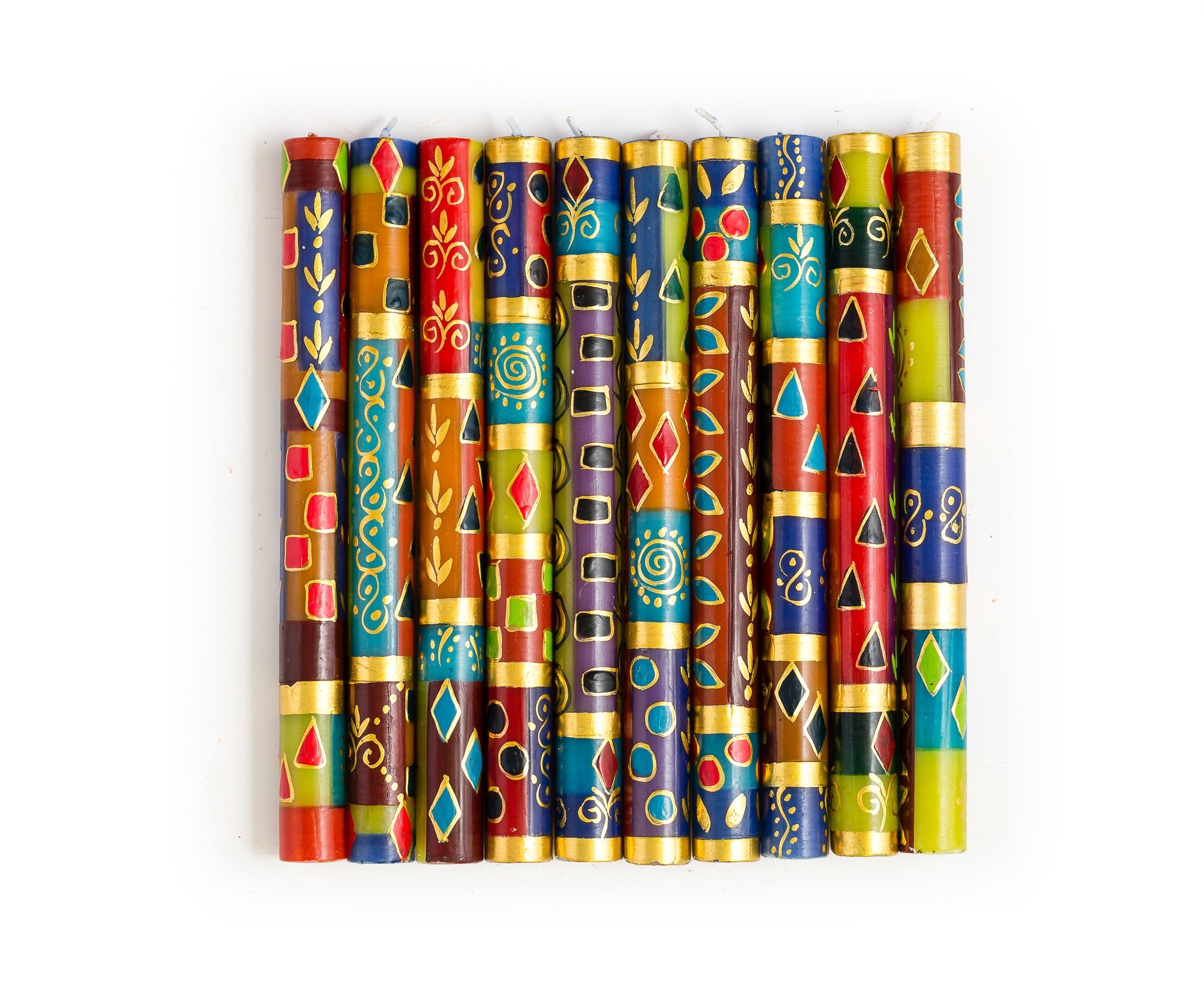10 African Mineral tapers showing the 10 different African Mineral collection designs.   African designs in wonderful rich colors of turquoise, red, blues, purple,  and gold. 