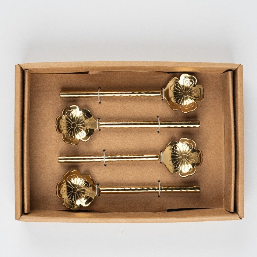 Flower Shaped Brass Cocktail Spoons Set of 4 5x1.5 Inches - Casa Amarosa