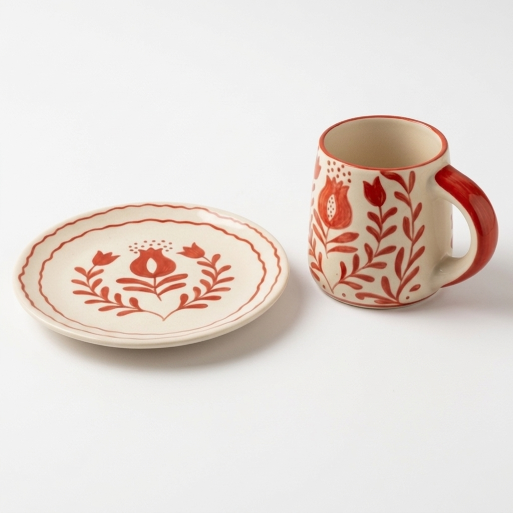 Red Anaar Ceramic Breakfast Set Bowl Mug Plate 3 Piece Handmade - Casa Amarosa