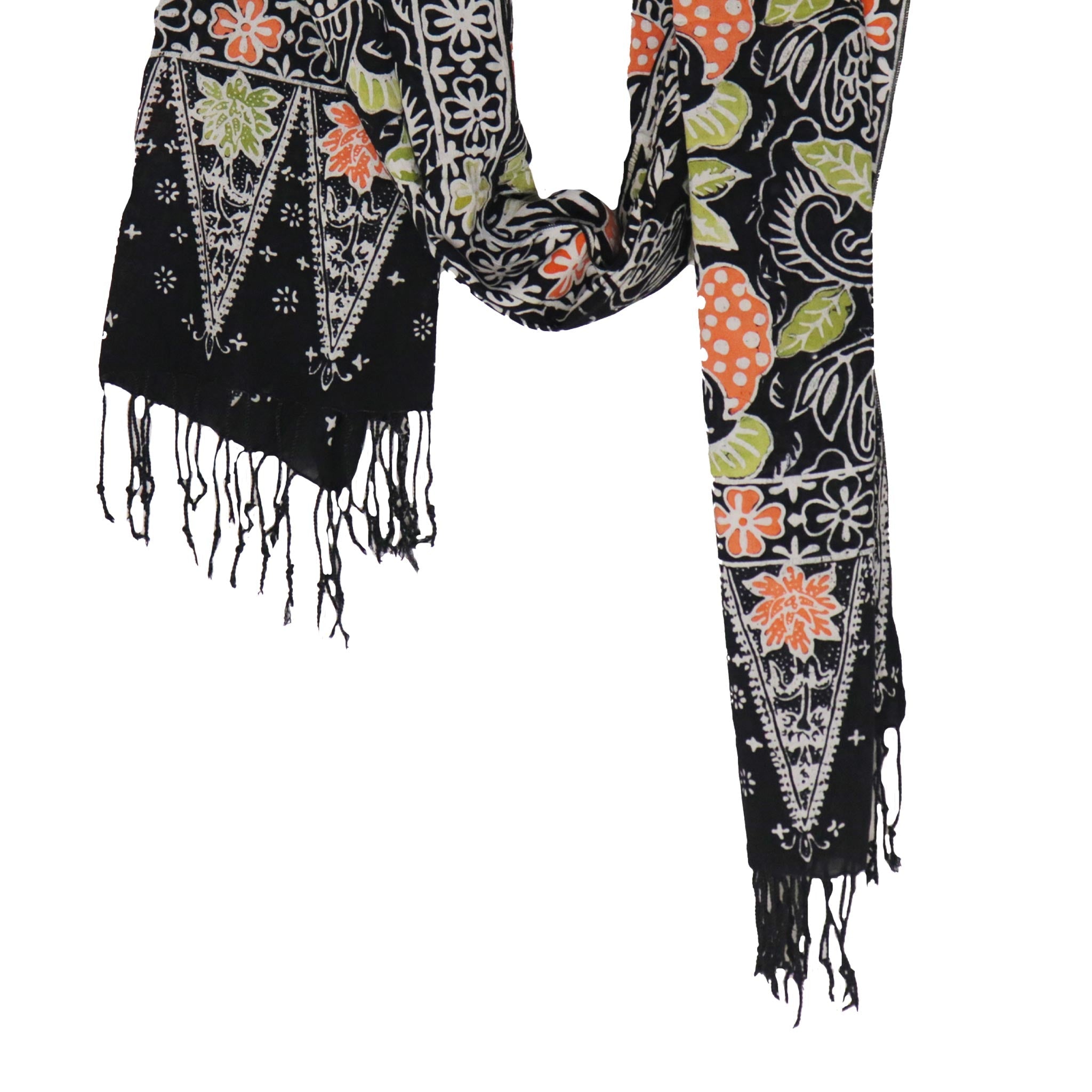 Handmade Batik Scarf Black, Orange, Green, Berries 100% Soft Cotton Dusk Petal