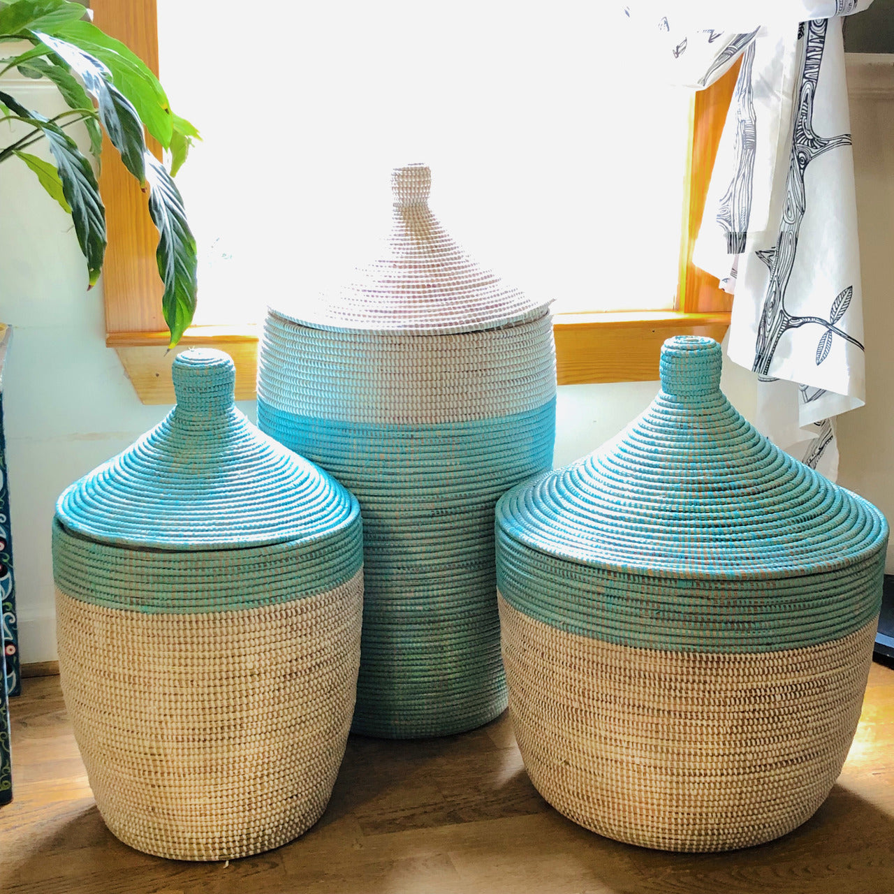 Turquoise and white low storage two tone basket set