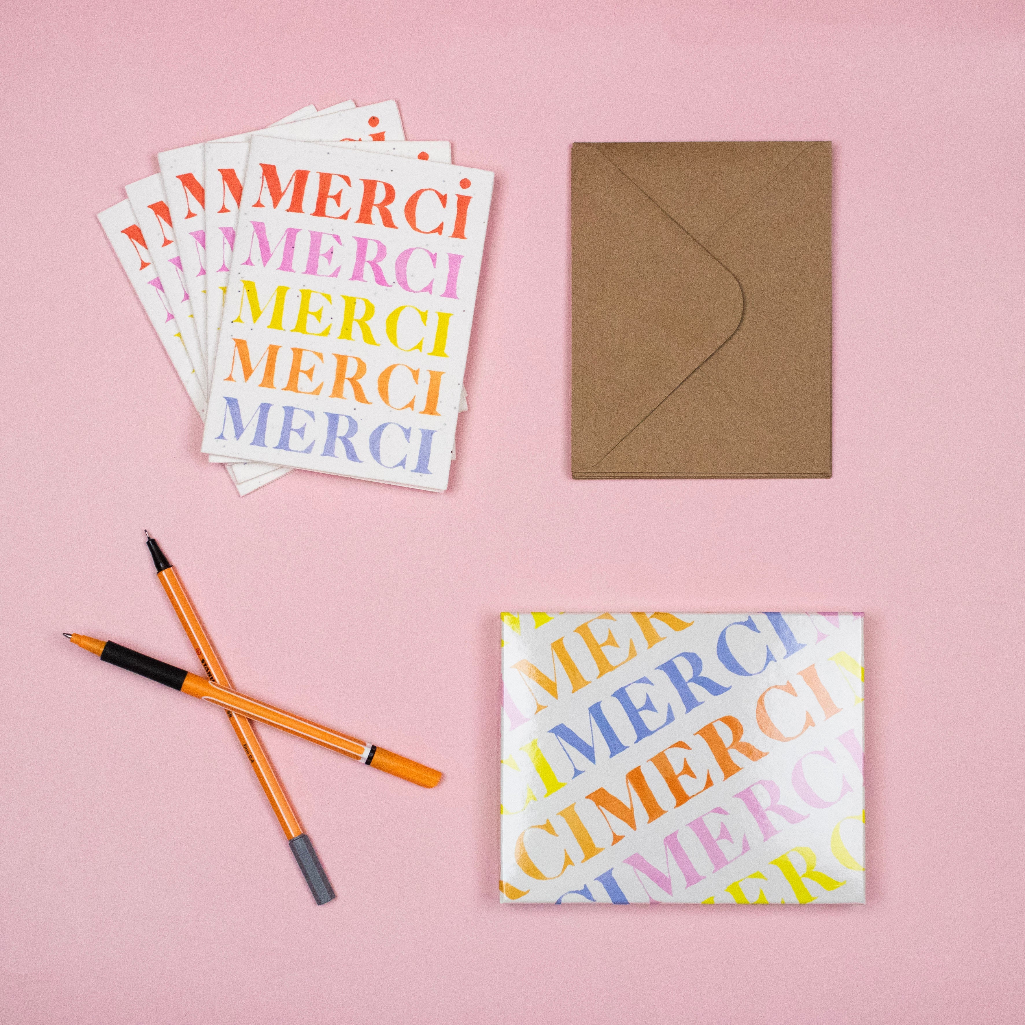 Merci card pack showing cards enevleopes and box, Merci cards, plantable seed cards, Thank you cards,