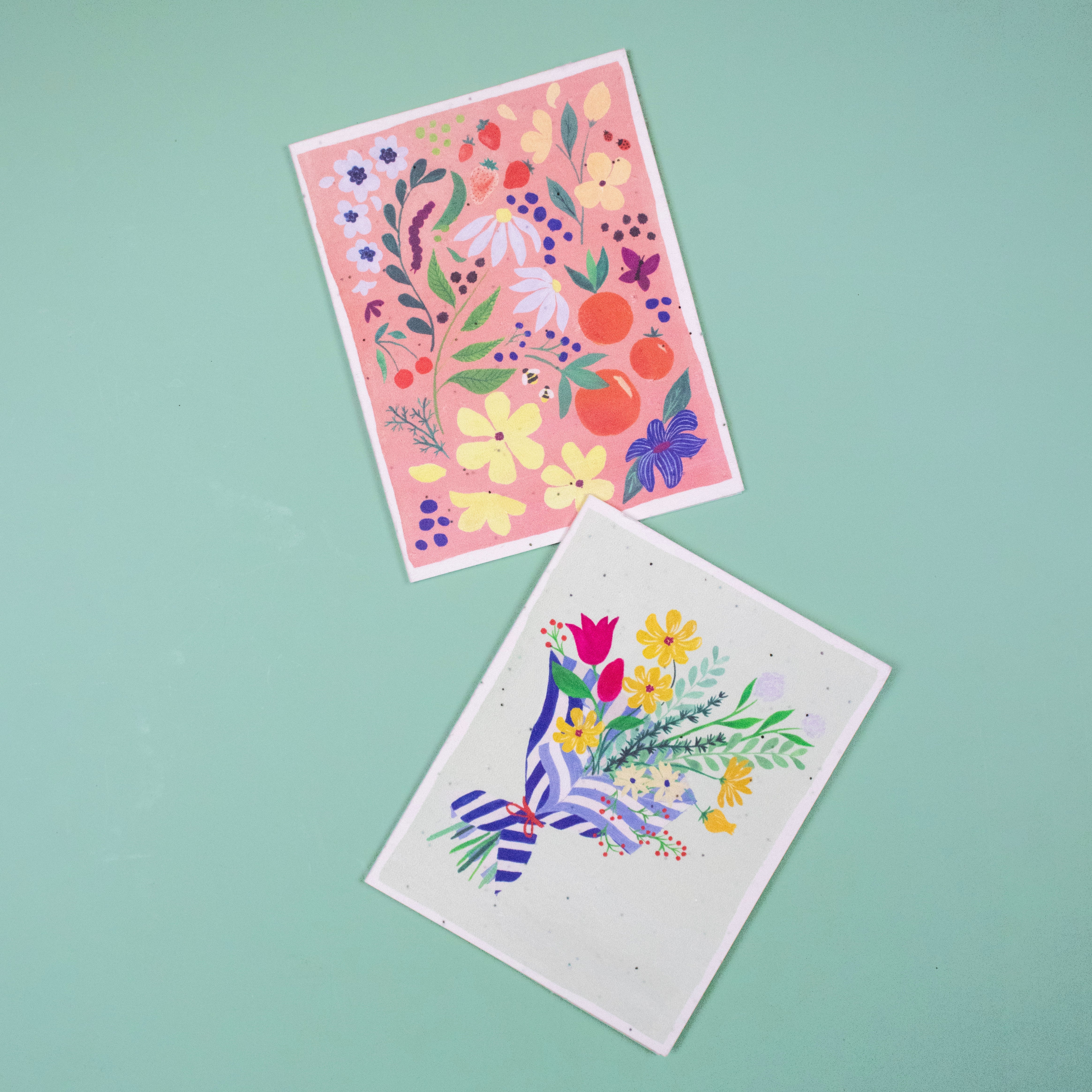 Colorful plantable seed cards with floral and fruit illustrations on a mint green background Image, seed cards, flower seed cards, flower print cards, 