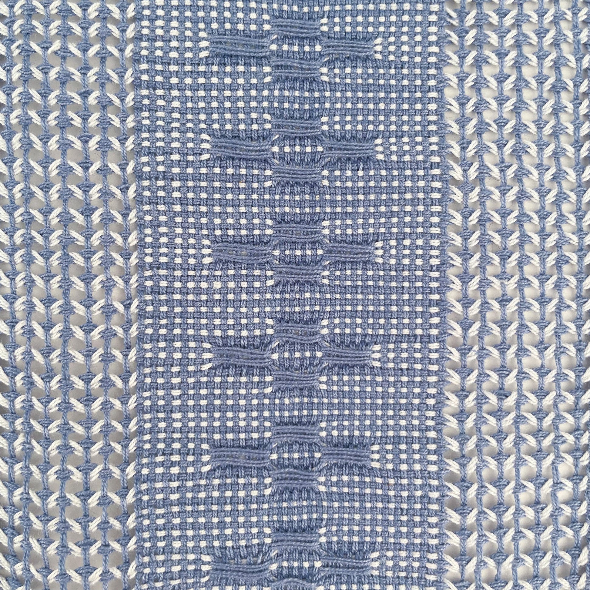 Closeup of view of Calado Table Runner in Blue, showing detail of calado pattern