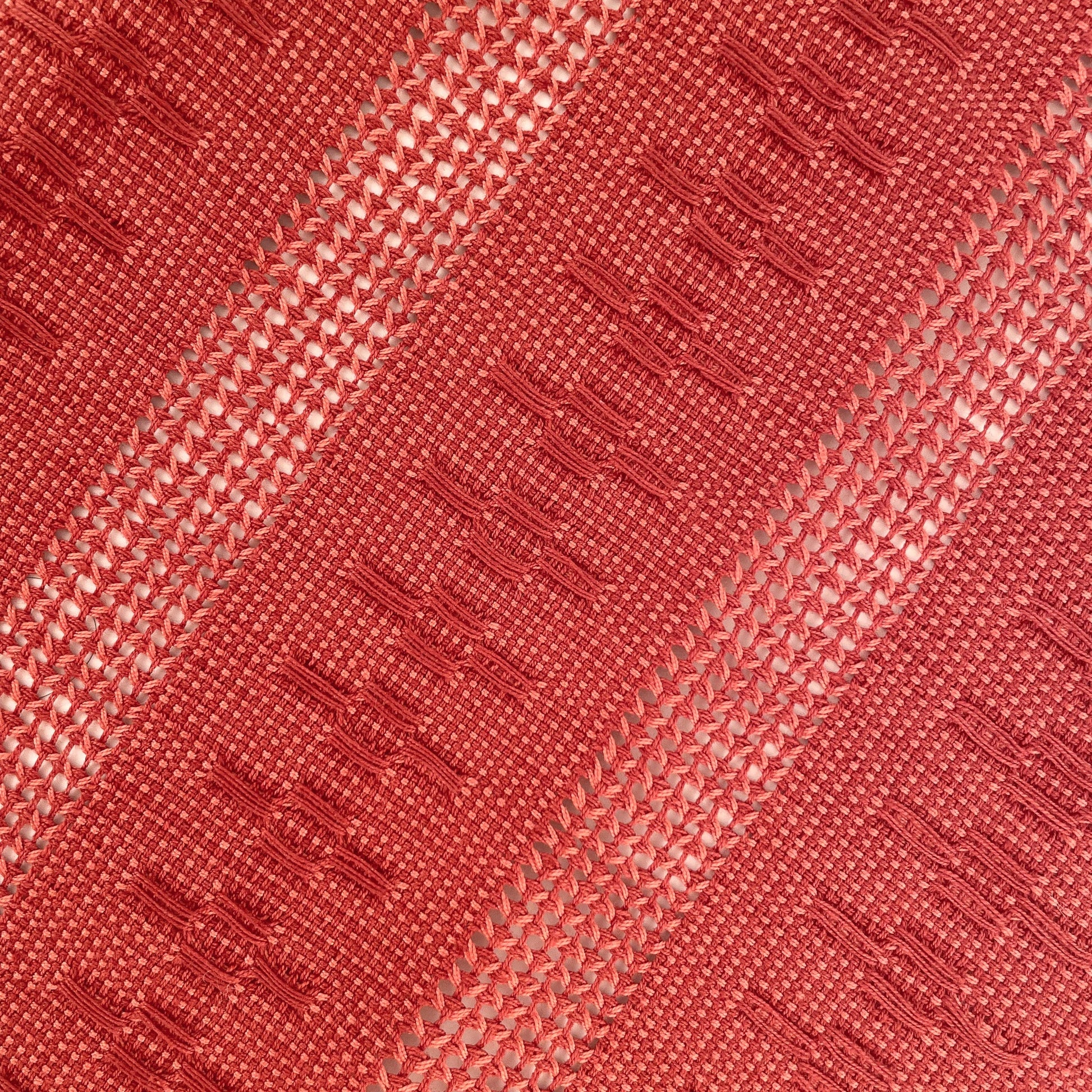 Closeup of view of Calado Table Runner in Terracotta, showing detail of alternating calado patterns