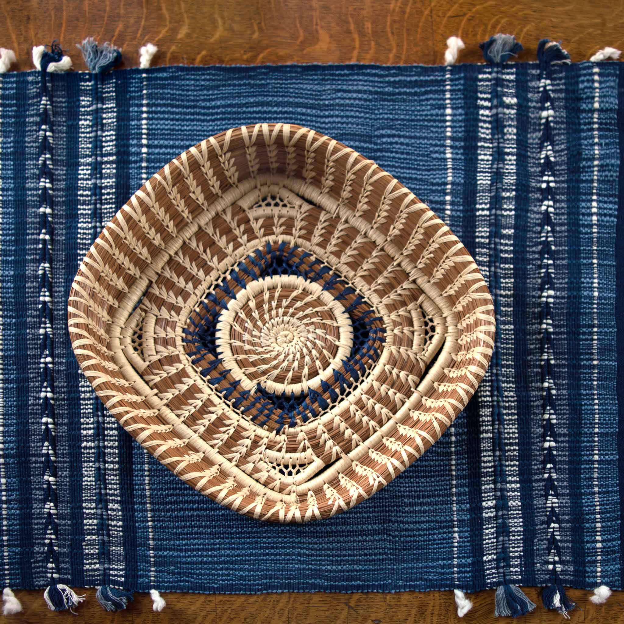 mayan hands indigo arrow tablerunner with marcelita basket