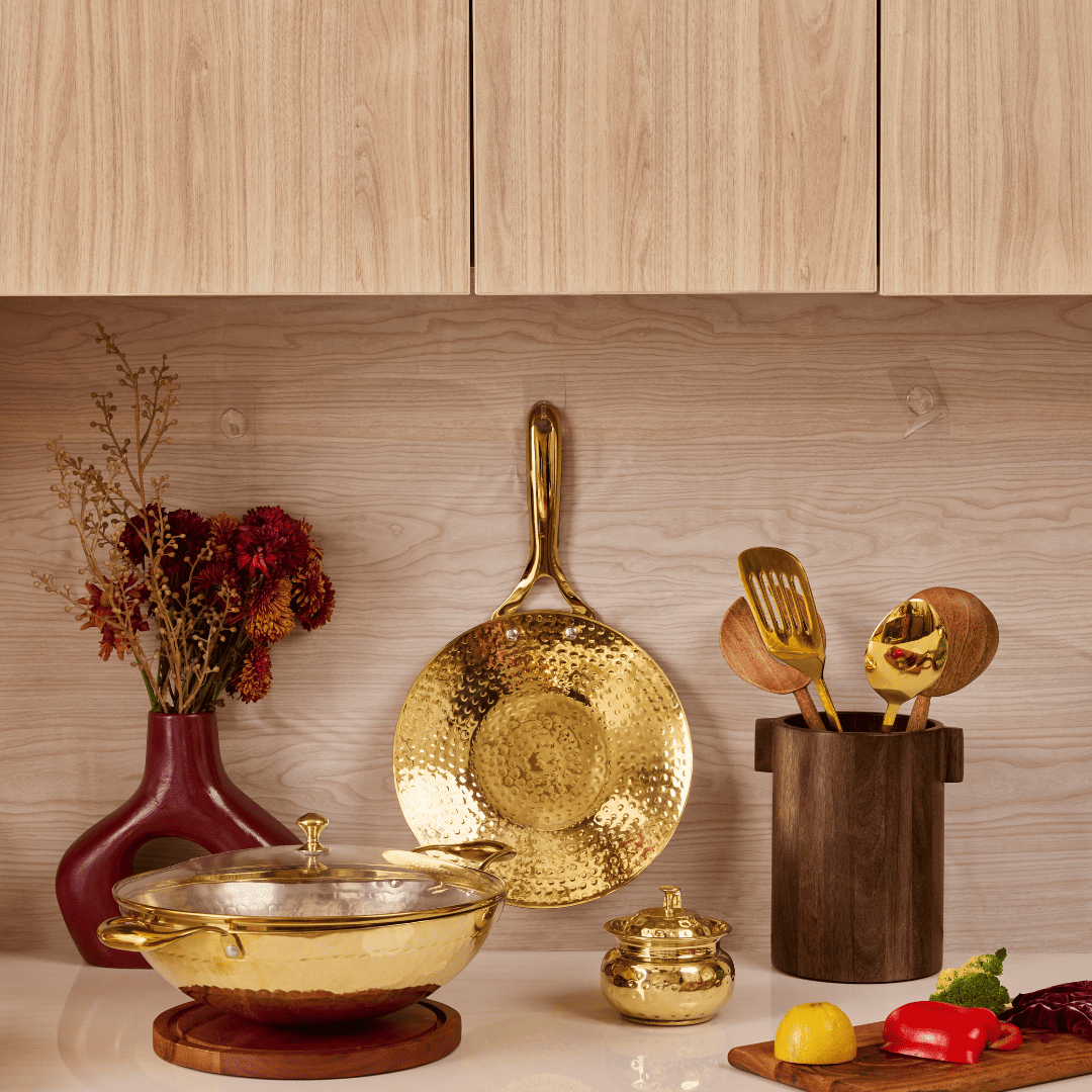 Brass Essentials Combo Set (Brass Roti Tawa with Insulated handle, Brass Ghee Pot, Brass Kadhai with Insulated handles & Glass lid) P-TAL: Traditional Kitchenware and Drinkware
