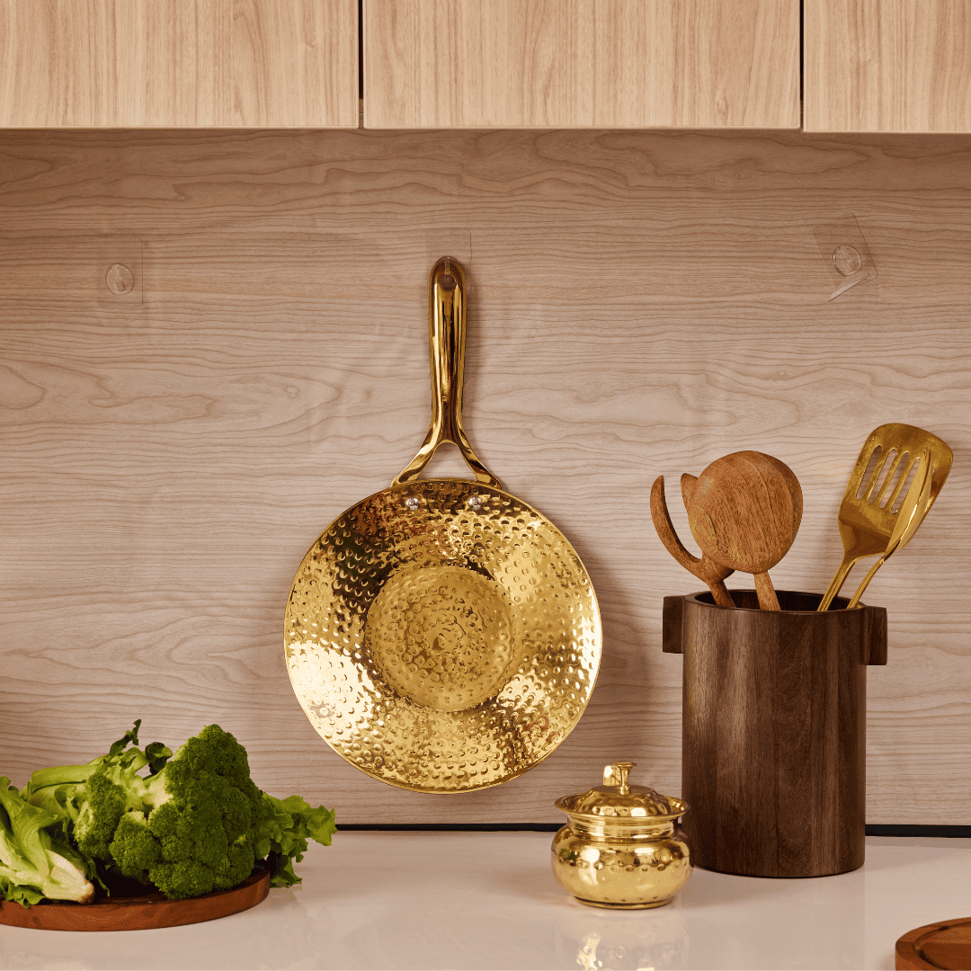 Brass Roti Tawa with Insulated handle And Ghee Pot Combo P-TAL: Traditional Kitchenware and Drinkware