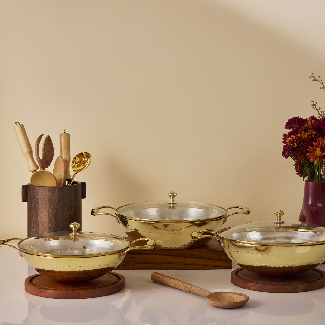 Set of 3 Brass Woks with Glass lids/Kadhai (Circular & Deep cooking/ serving Utensil) - 1L round, 3L round and 3L flat 6 Pieces Set P-TAL