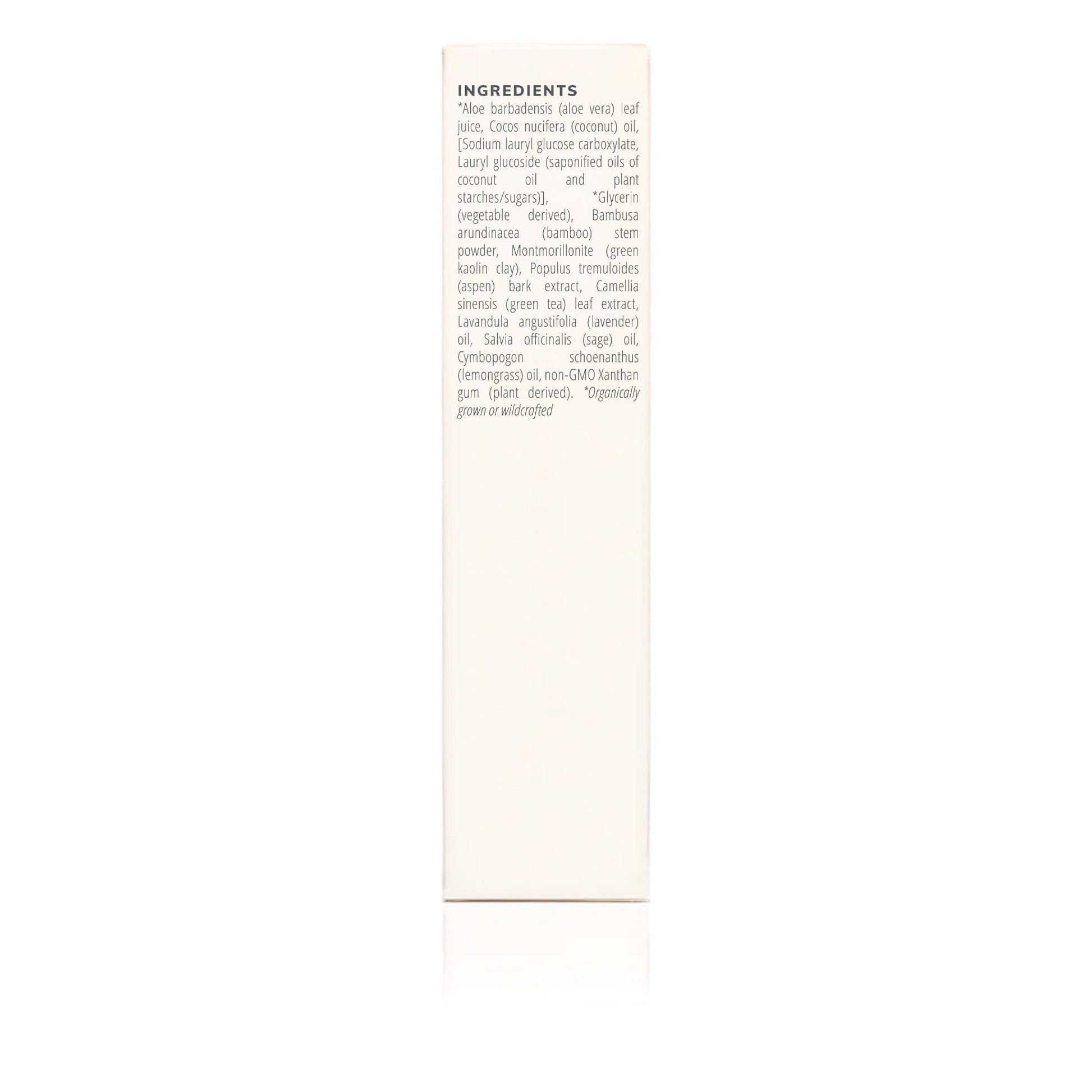 Ingredient list on Annmarie Kaolin Micro Exfoliant packaging featuring aloe vera, coconut oil, bamboo powder, green clay, green tea extract, and botanical oils.