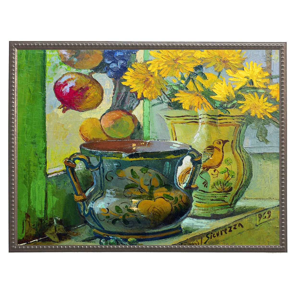 Flowers and Painted Vases in Gold Beaded Frame