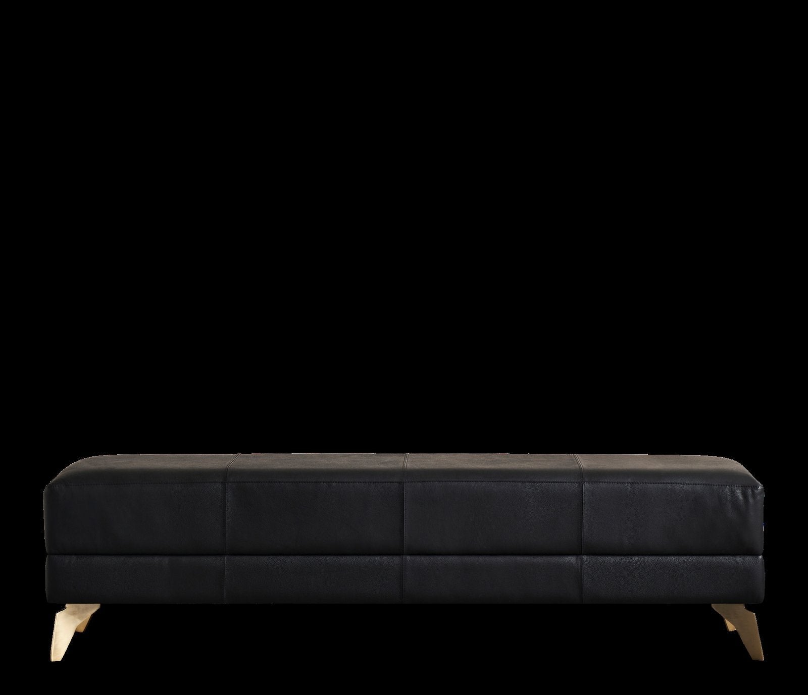 FN-5200-601618_5|Sleek black leather upholstered bench with minimalist design, prominent stitching, and luxurious gold tapered legs.
