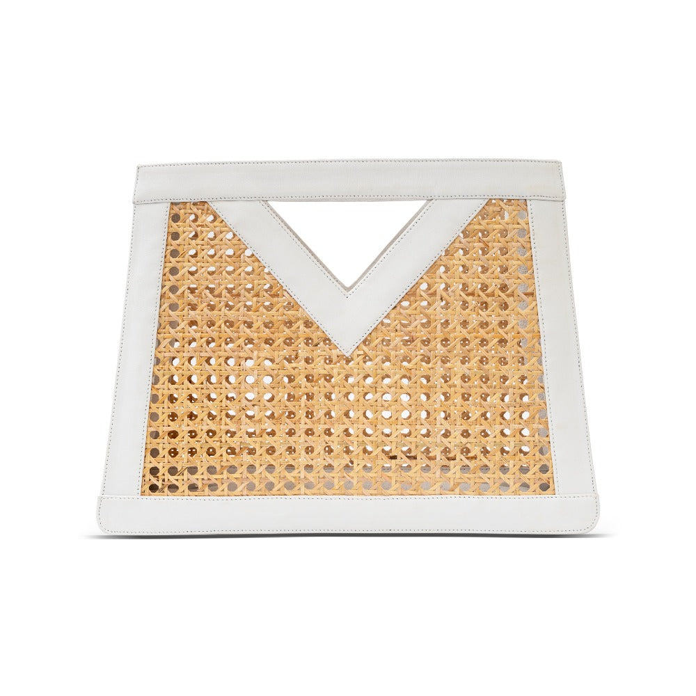 Black Leather Trim and Rattan Cane Open Weave Top Handle Tote Handbag
