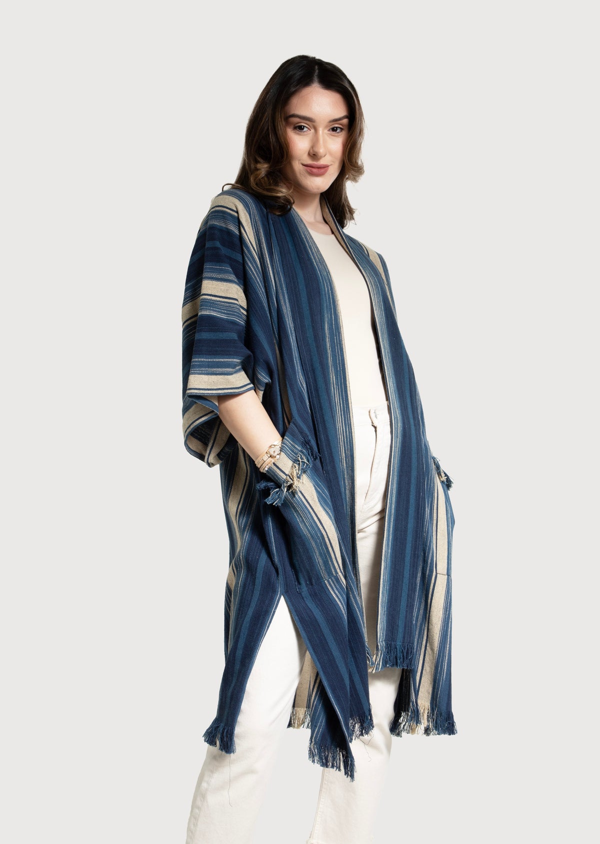 Striped Cotton Fringe Kimono - Steel Blue