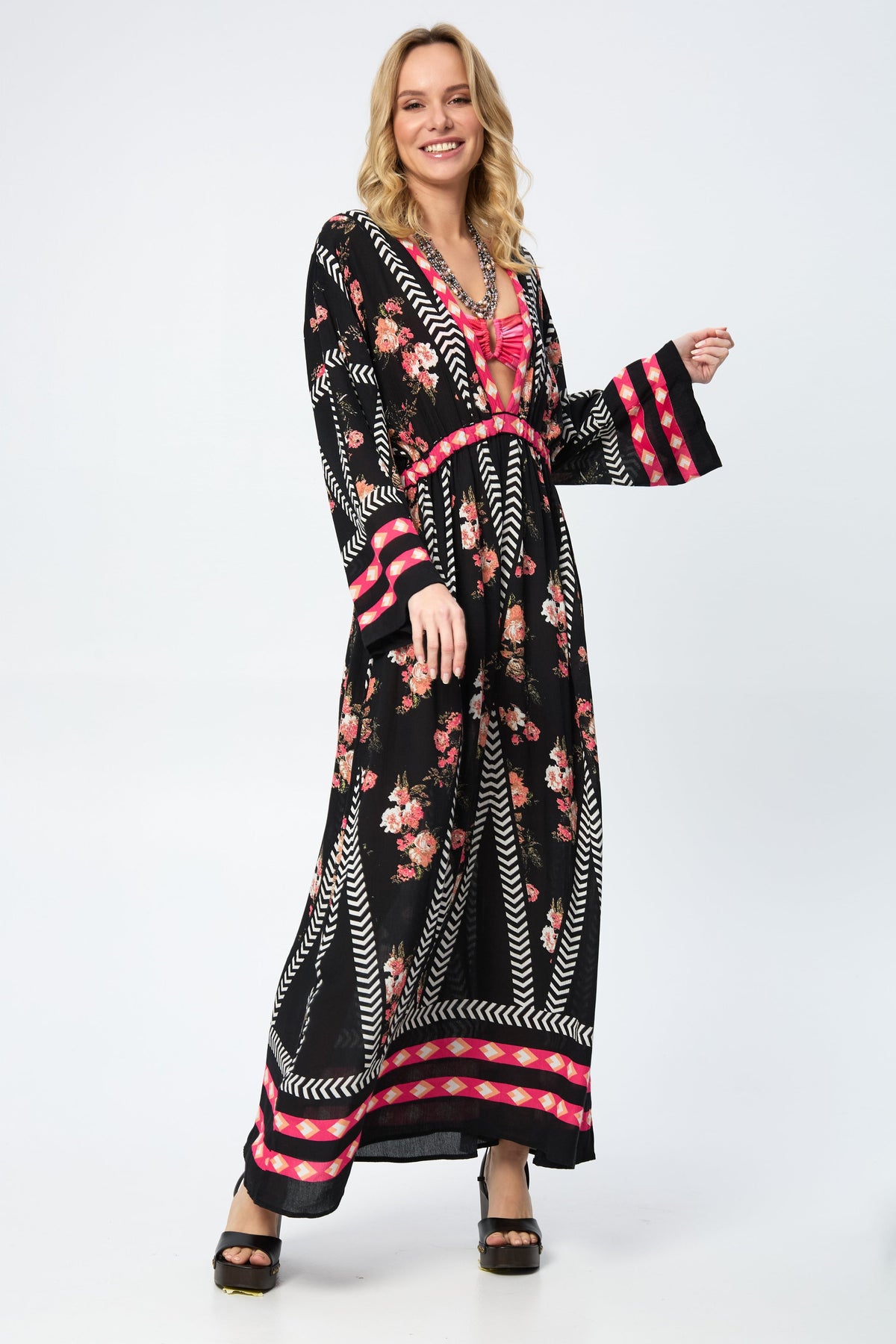 Aztec Floral Keyhole Kaftan - Black Combo