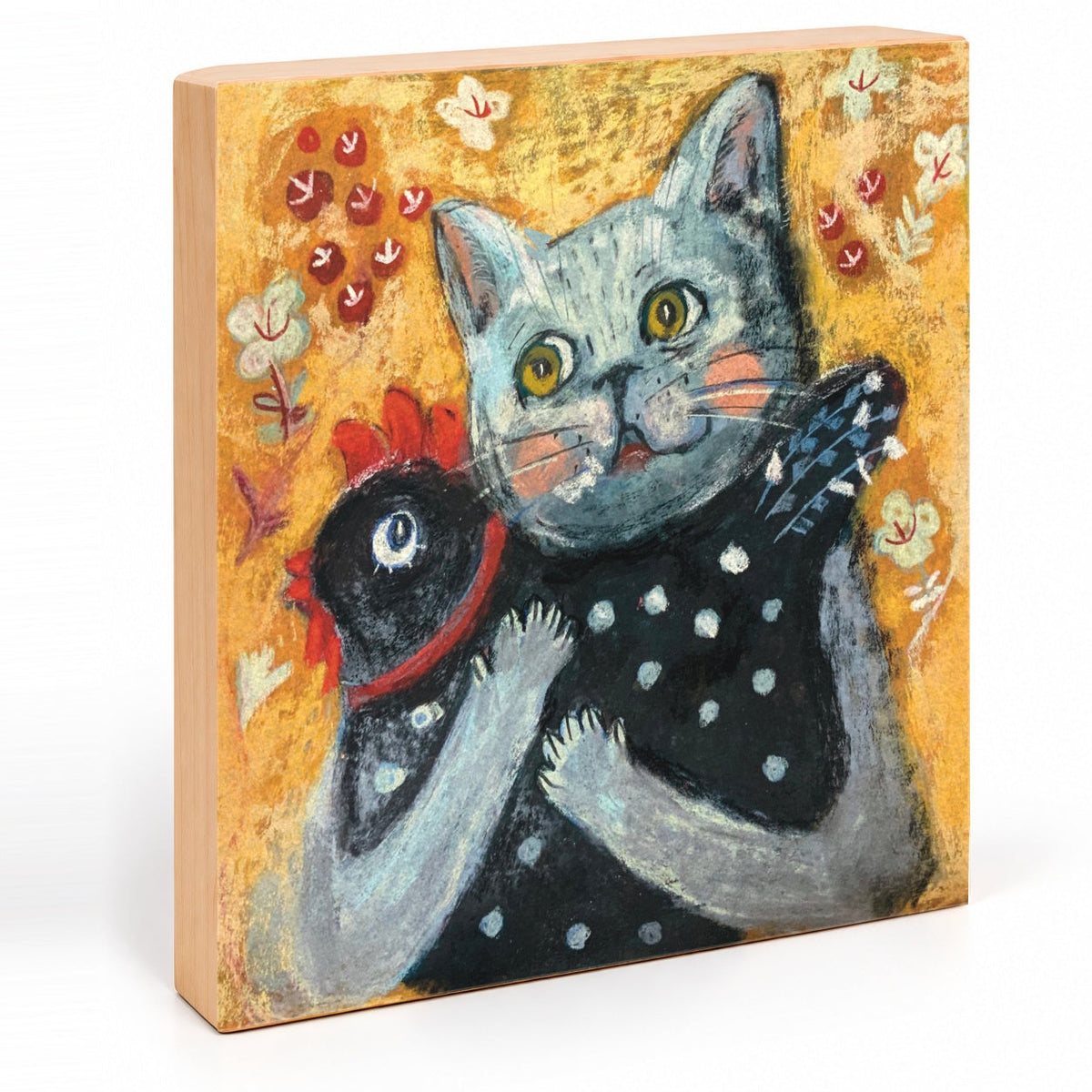 Echoes of Innocence cat and hen art print, angled view of the 7/8-inch deep gesso board with natural wood sides