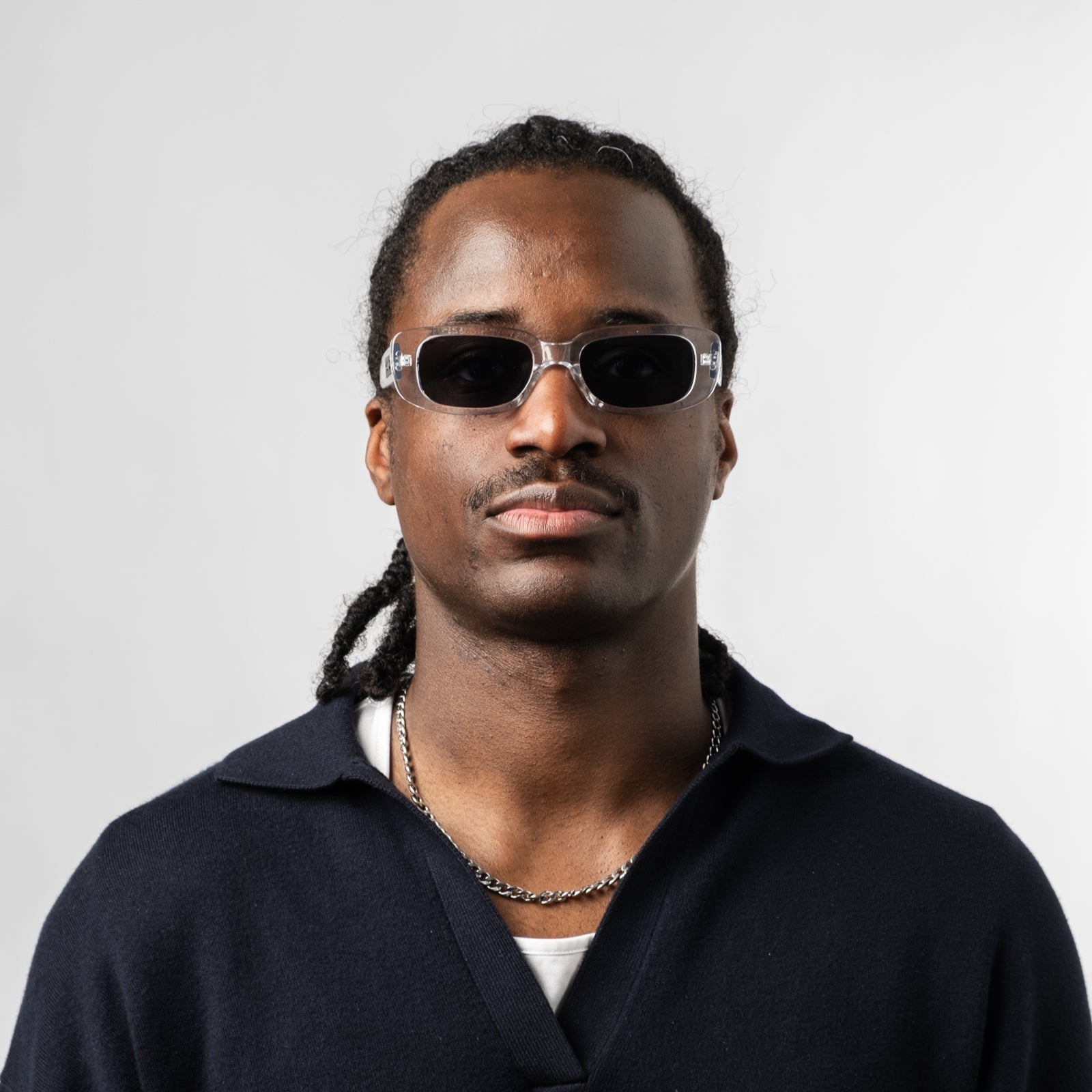 Male wearing Sad Eyewear Bouquet rectangle sunglasses clear frames with uv protection lenses