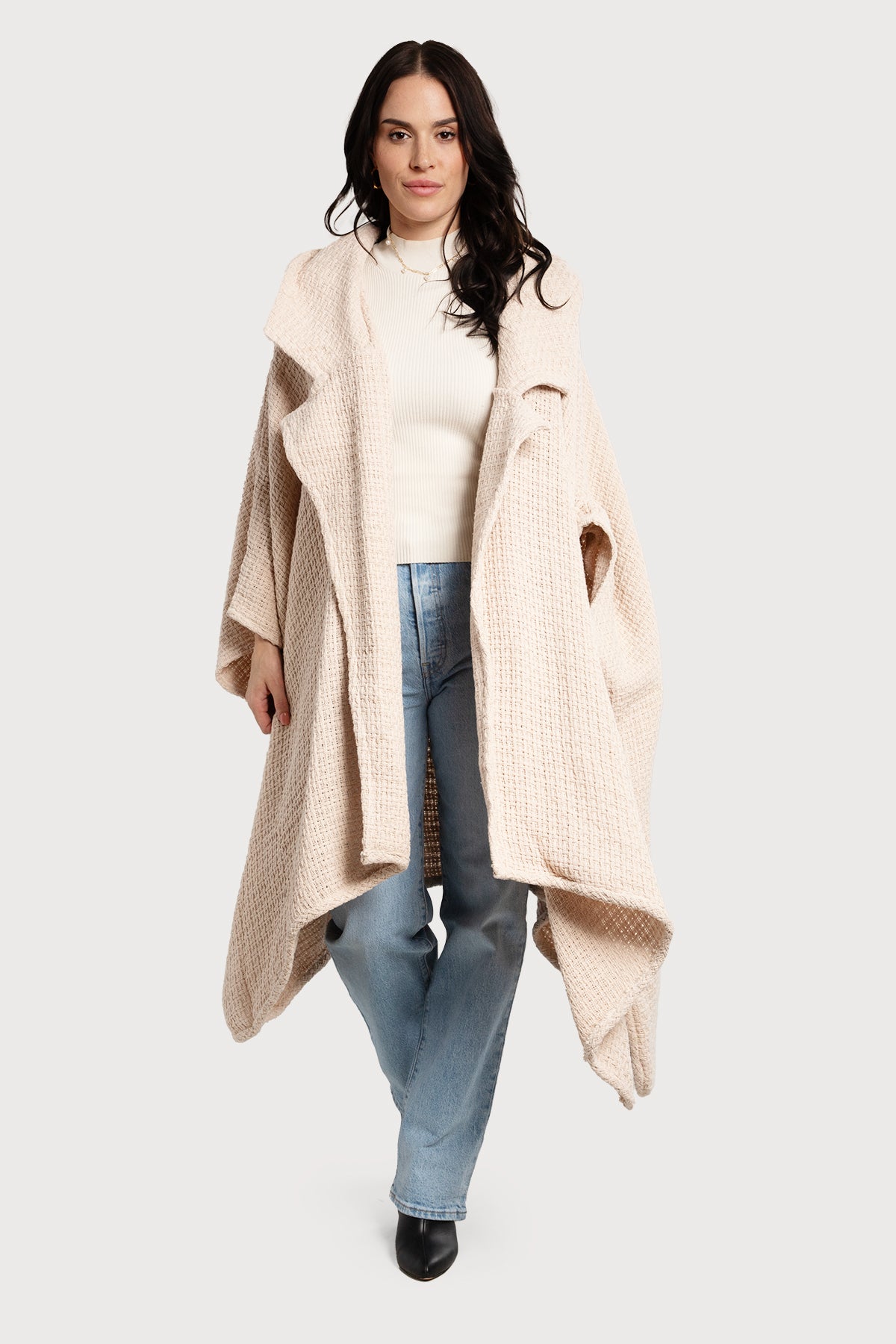 Comfy Oversized Waffle Knit Collared Jacket - Whisper Pink