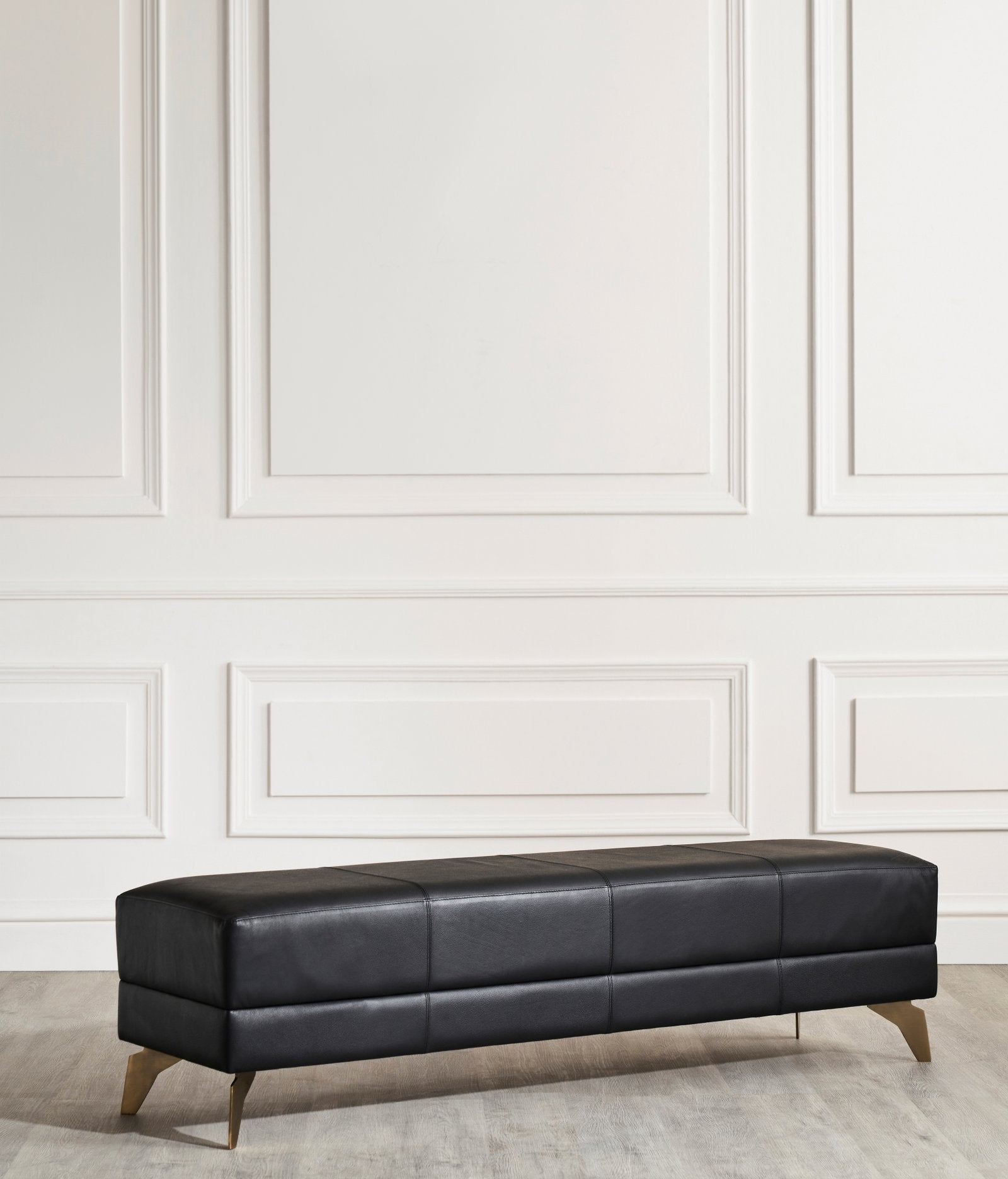 FN-5200-601618_4|Contemporary black leather upholstered bench featuring stylish square tufting and sophisticated gold-finished accent legs.