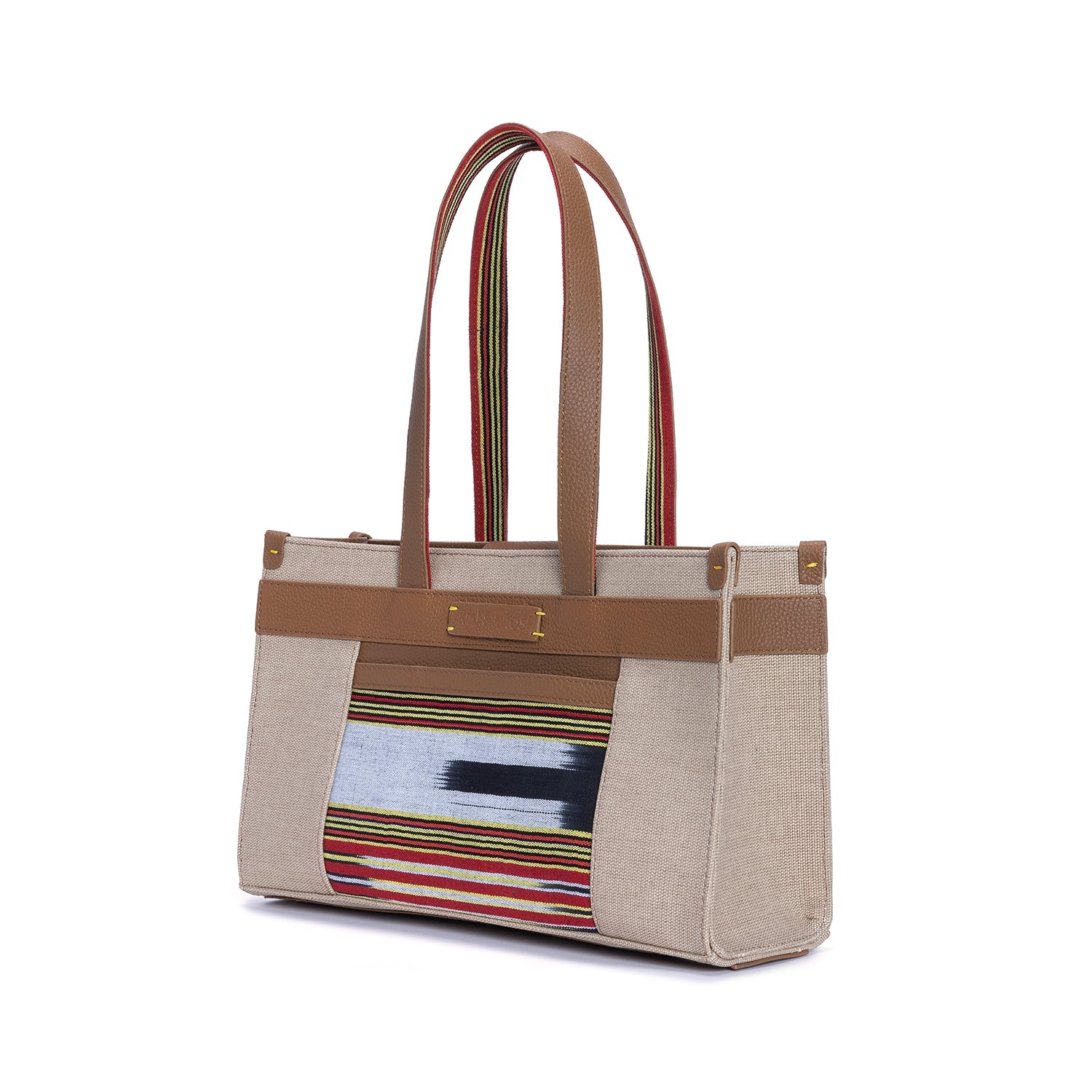 Midi Tobacco Leather & Canvas Tote Bag with Pockets
