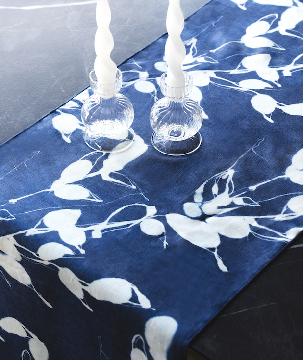 Porto Print Indigo linen table runner 16x90 with hand-painted vineyard-inspired floral pattern - Goldie Home