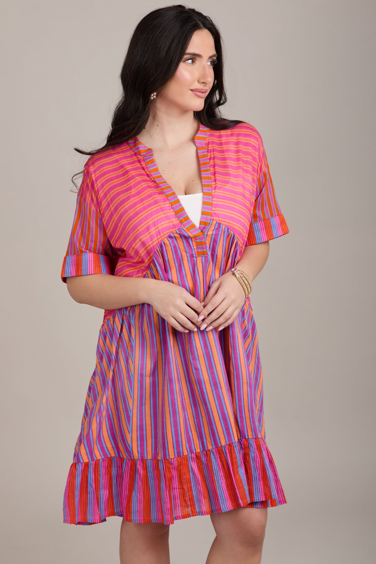 Bold Striped Cover Up Dress - Pink Multi