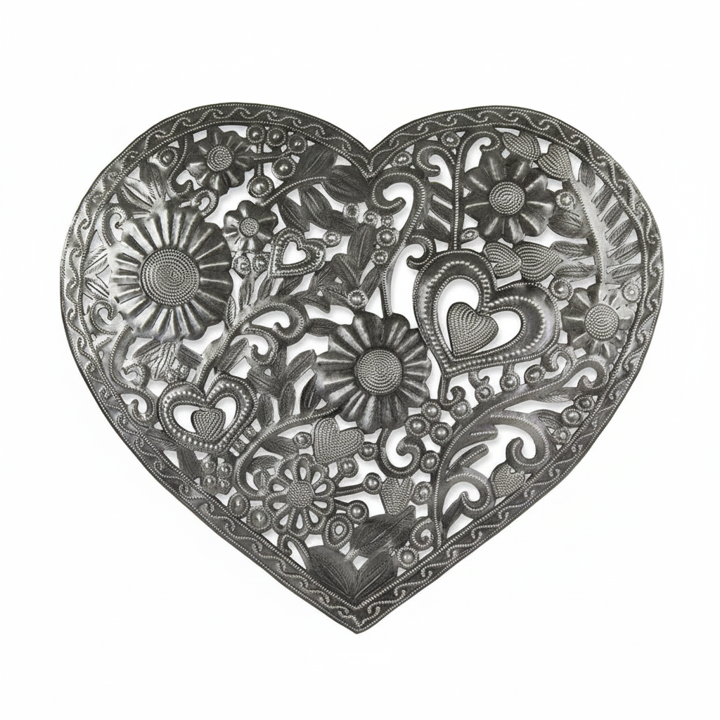Hearts Galore handcrafted Haitian metal wall art with hearts and flowers on white background