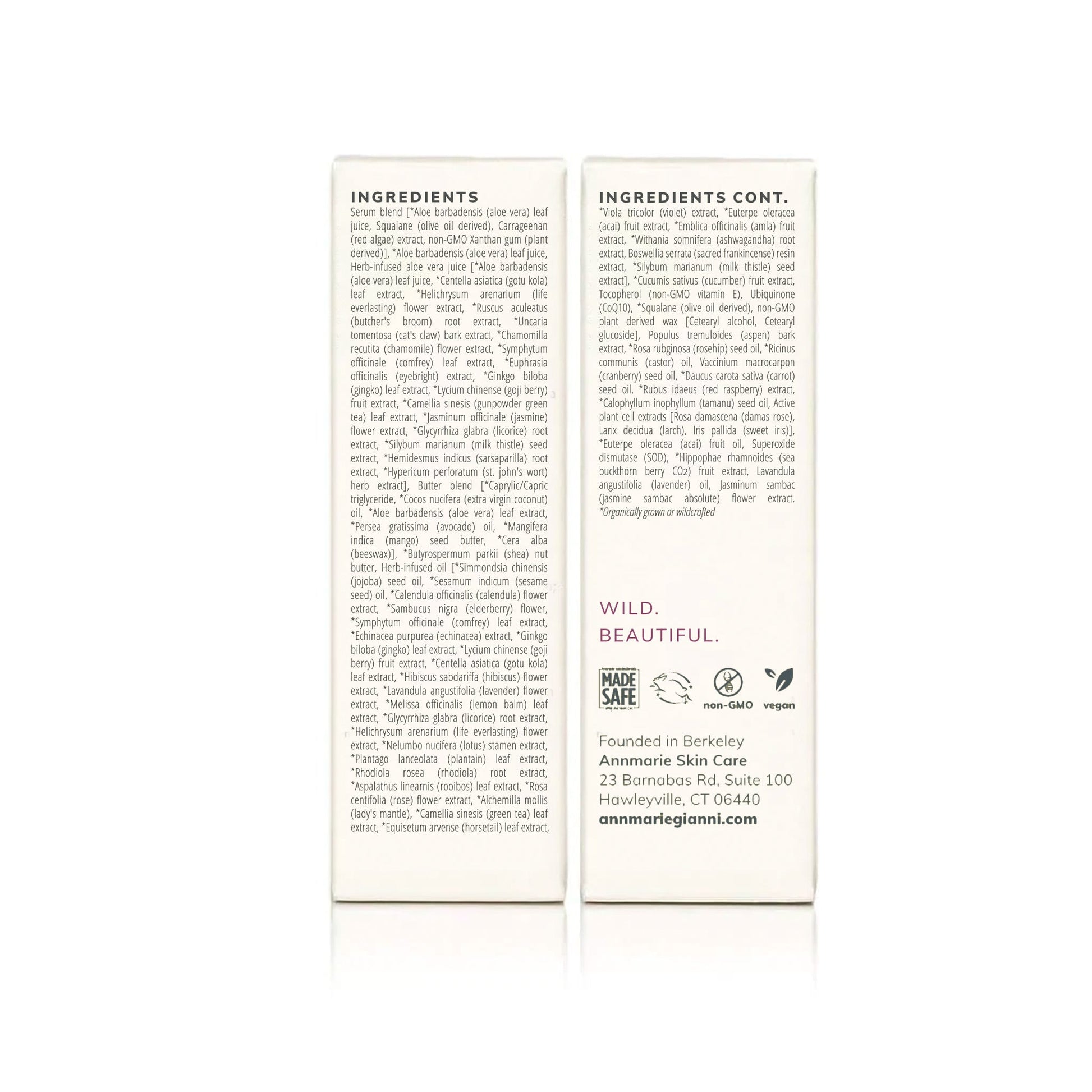 Back panels of Annmarie Anti-Aging Eye Cream box showing full ingredient list and certifications including Made Safe, non-GMO, and vegan.