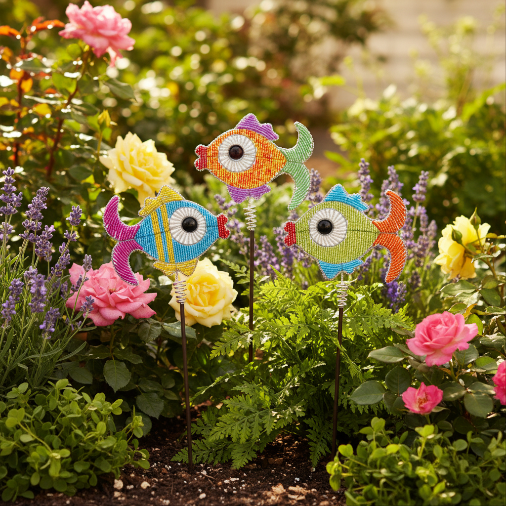Colorful beaded fish garden stakes displayed in a lush garden bed with blooming flowers – 12FSHST1