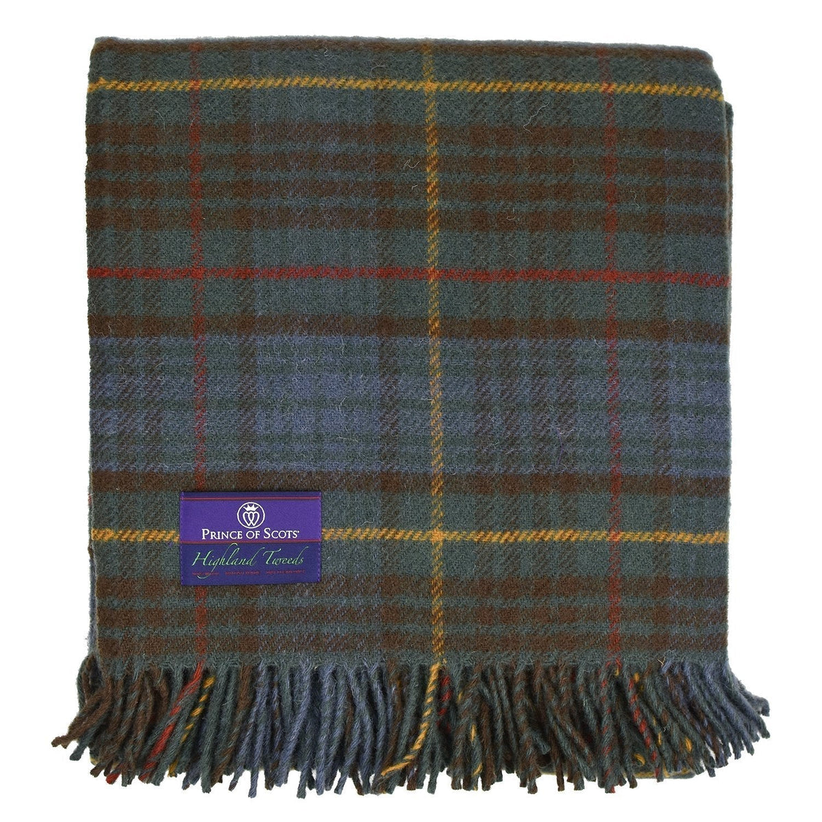 Antique Hunting Stewart tartan wool throw in green and brown with fringe, measuring 59 by 72 inches.