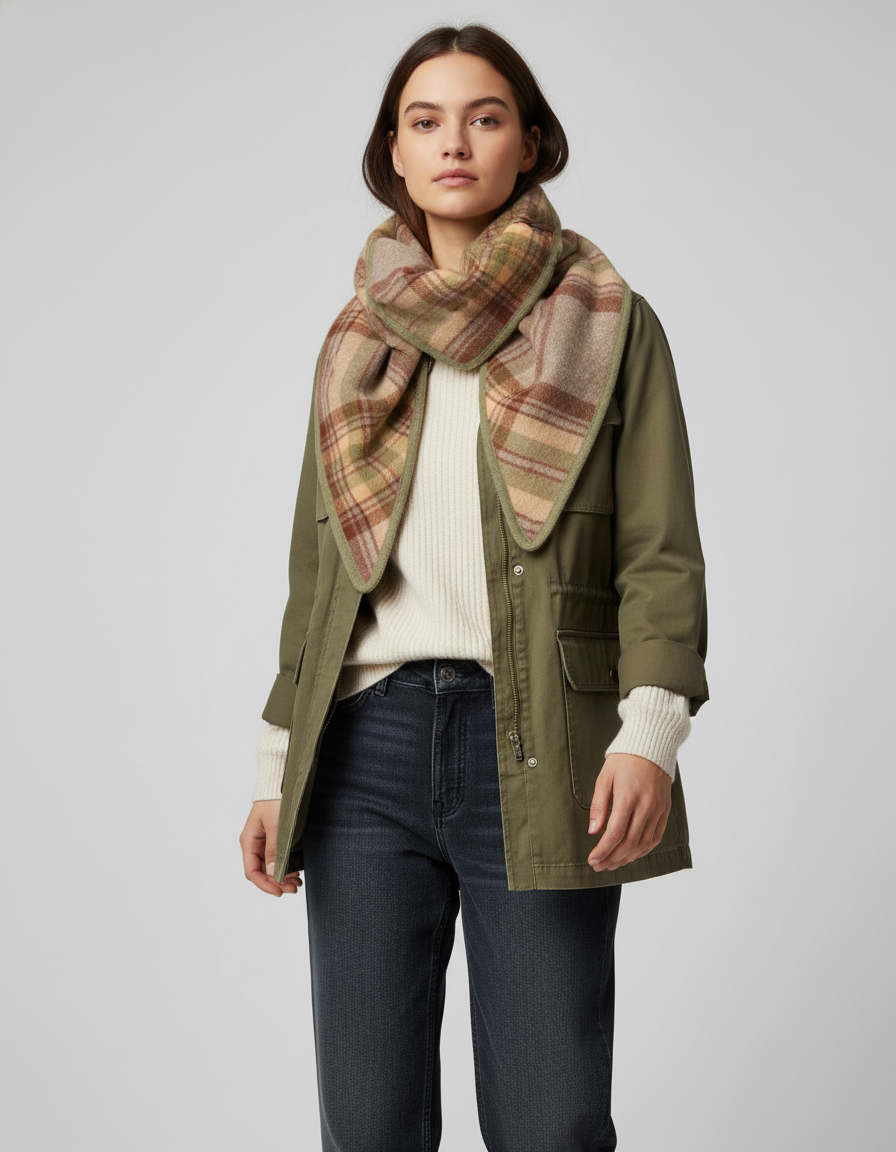 Plaid Wool Triangle Scarf - Grey