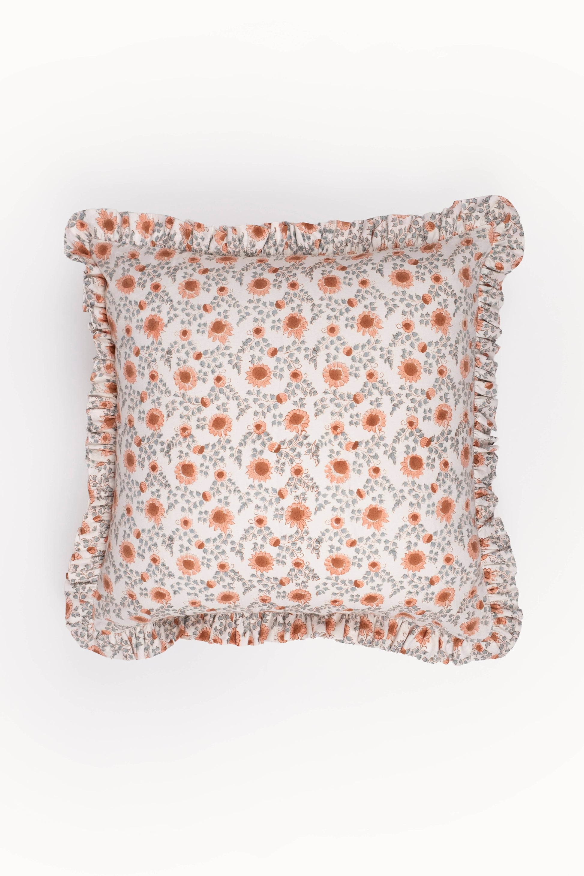 Apricot & Sage Ruffle Blockprint Pillow Cover