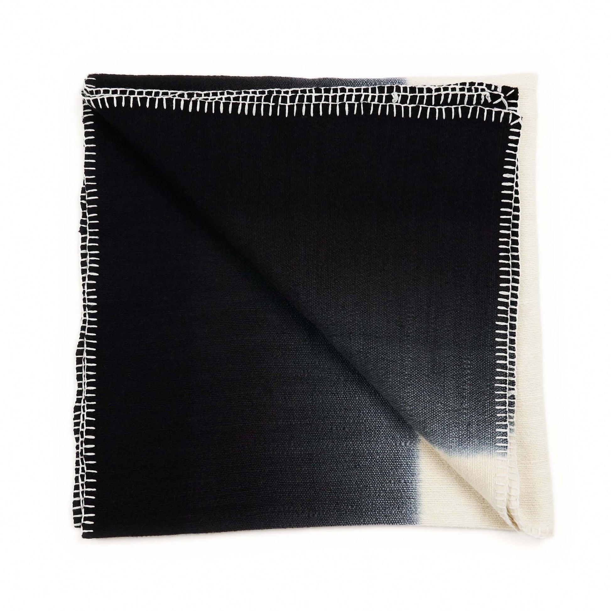 Ink Black White Ombre Textured Throw  In Hand Spun Merino And Hand Stitched Hem, showcasing intricate stitched detailing.